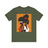 Two Black Women silhouette wearing fashionable eyewear on an orange background, featured on an Afrocentric unisex tee shirt