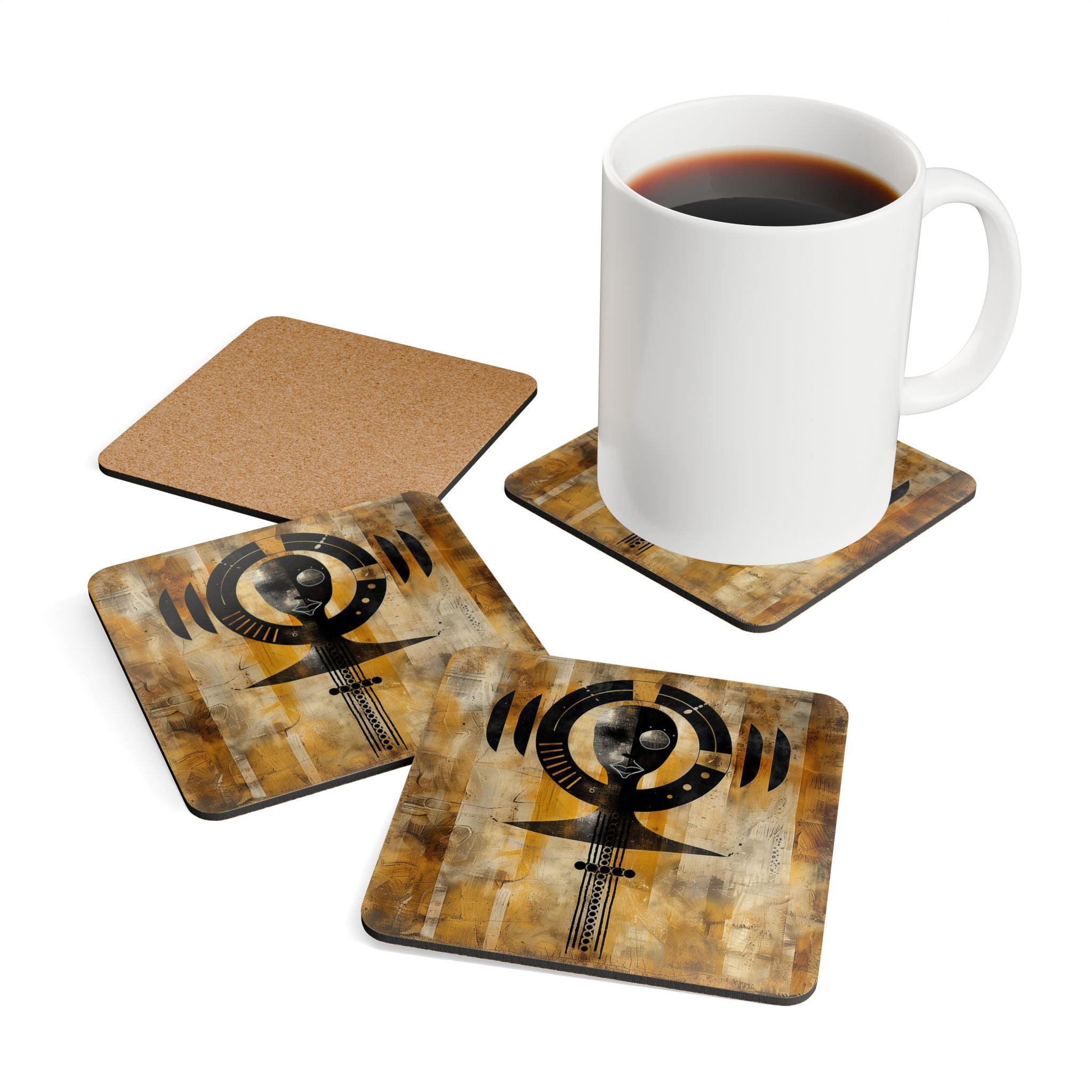 Set of drink coasters featuring the Ashanti fertility doll symbol from Ghana. Afrocentric design perfect for African-inspired barware, cultural decor, or as a meaningful housewarming gift.