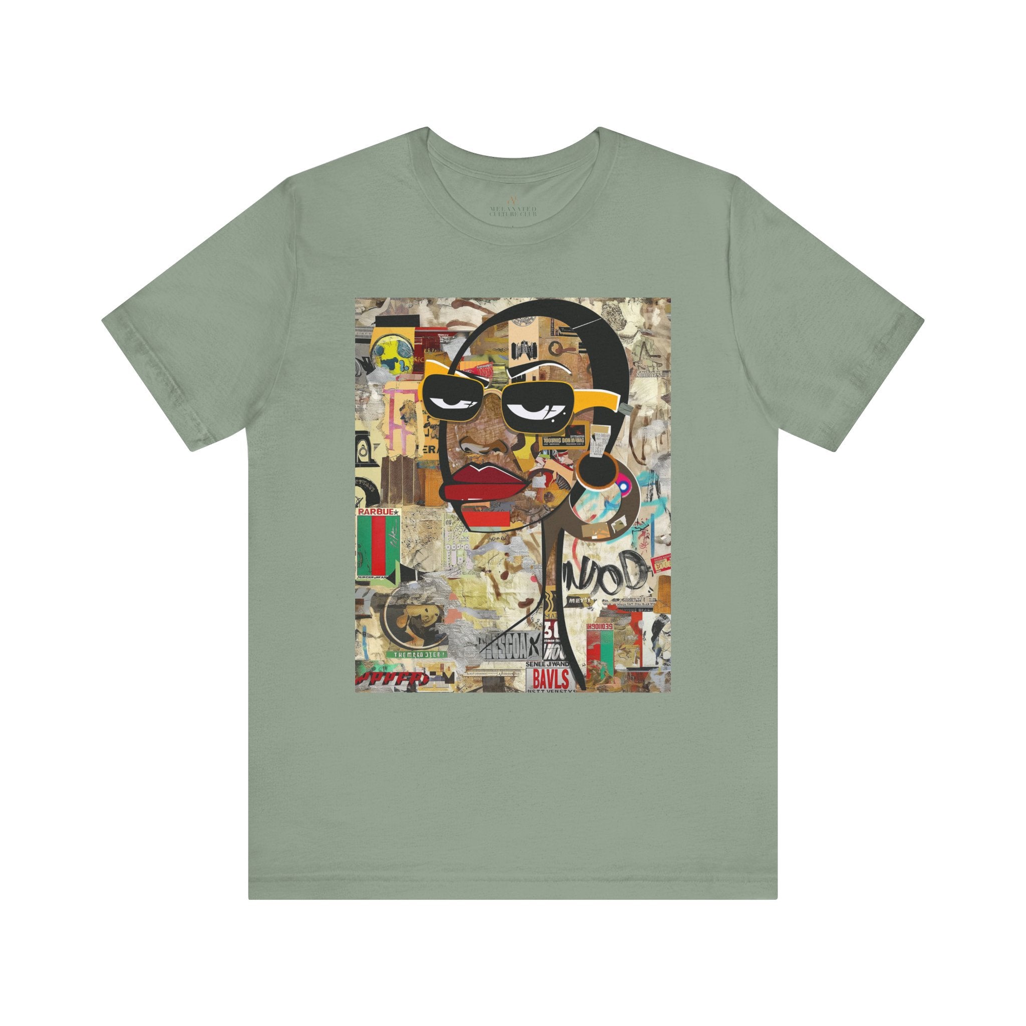 Boss Babe graphic tee featuring an abstract cartoon-style Black woman with bold yellow framed eyeglasses. The design has a vibrant, graffiti-inspired aesthetic that celebrates African American beauty, confidence, and urban art style.
