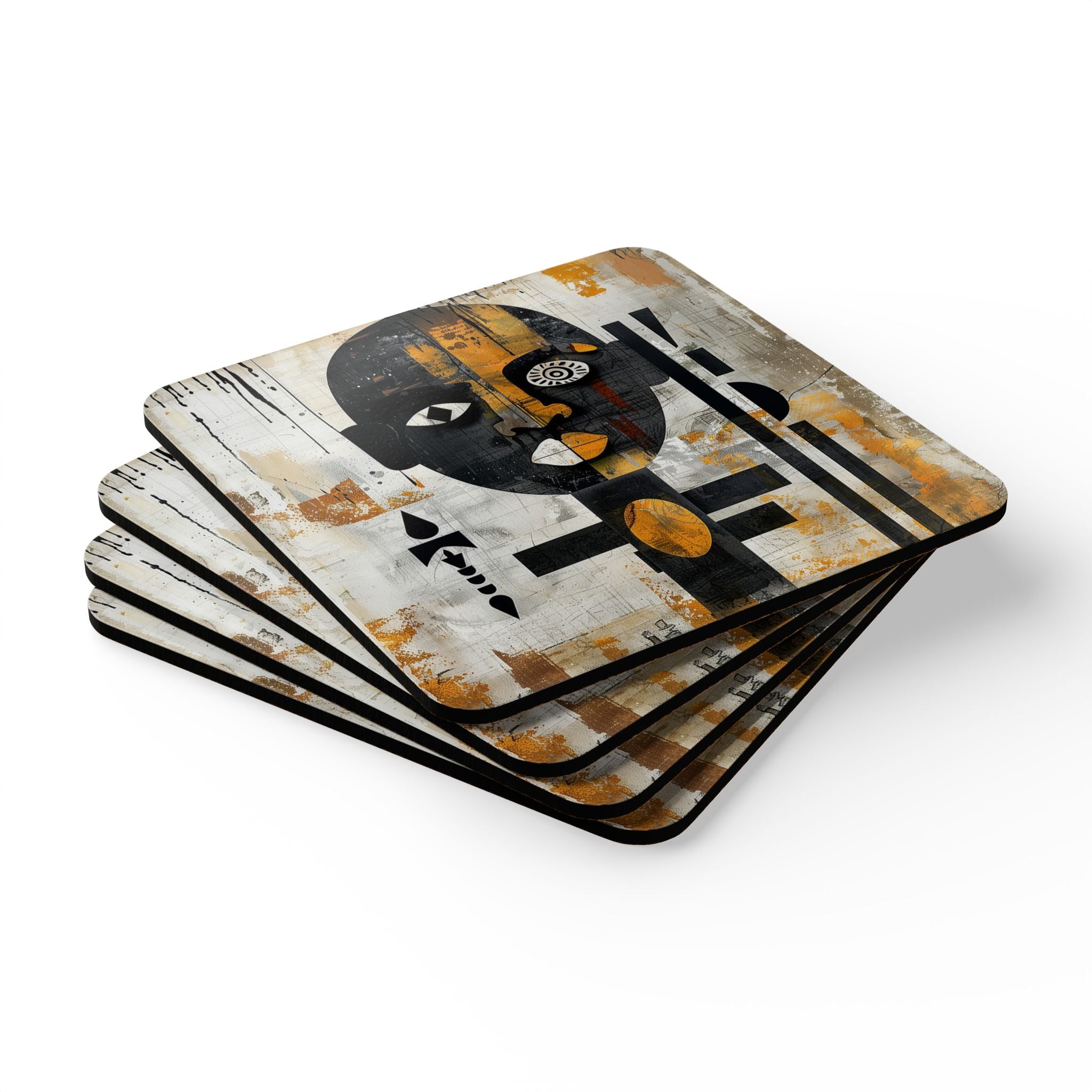 Afrocentric Drink Coasters with Abstract African Mask Art in a bold Afro Bauhaus and Boho design, colorful cultural beverage accessories.