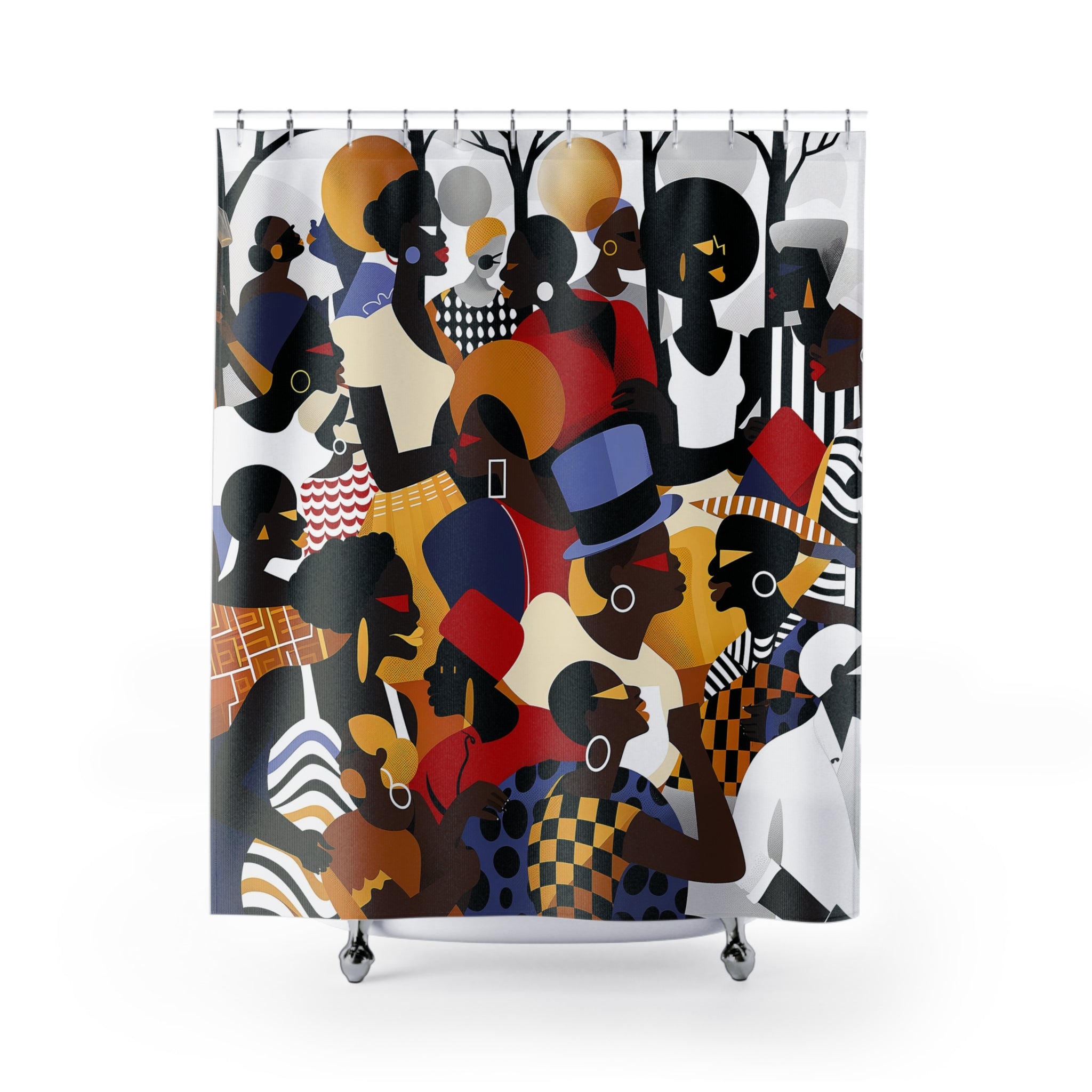 Juneteenth Shower Curtain featuring Afrocentric pop art design of a Black family enjoying an outdoor park celebration, with bright, bold abstract colors and modern cultural style.