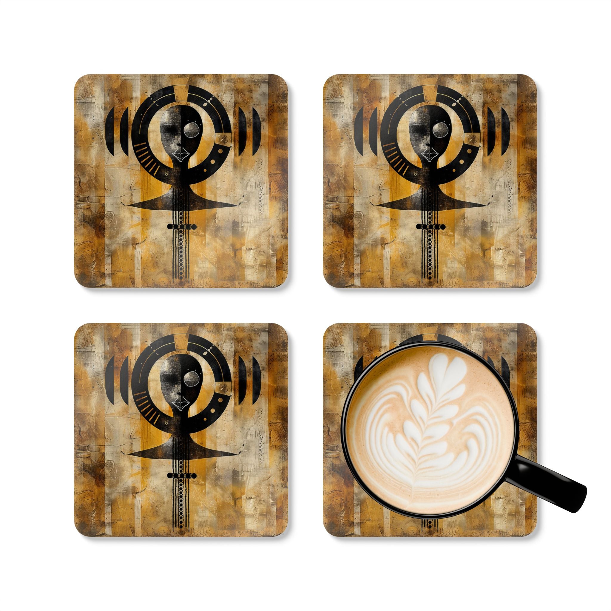 Set of drink coasters featuring the Ashanti fertility doll symbol from Ghana. Afrocentric design perfect for African-inspired barware, cultural decor, or as a meaningful housewarming gift.