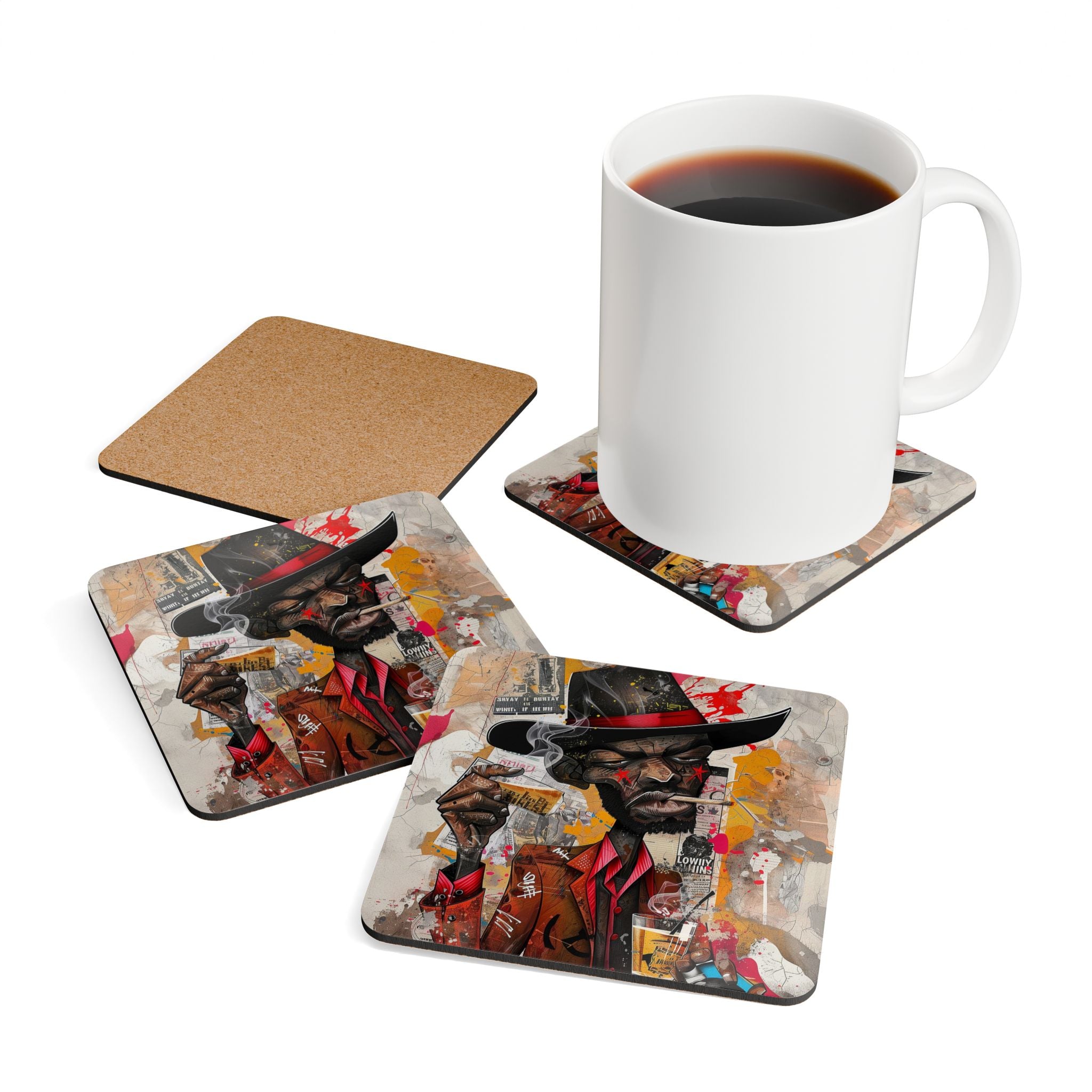 Drink Coasters featuring an African American cowboy in graffiti pop art style with cartoon elements—bold, Afrocentric barware decor set of coasters.