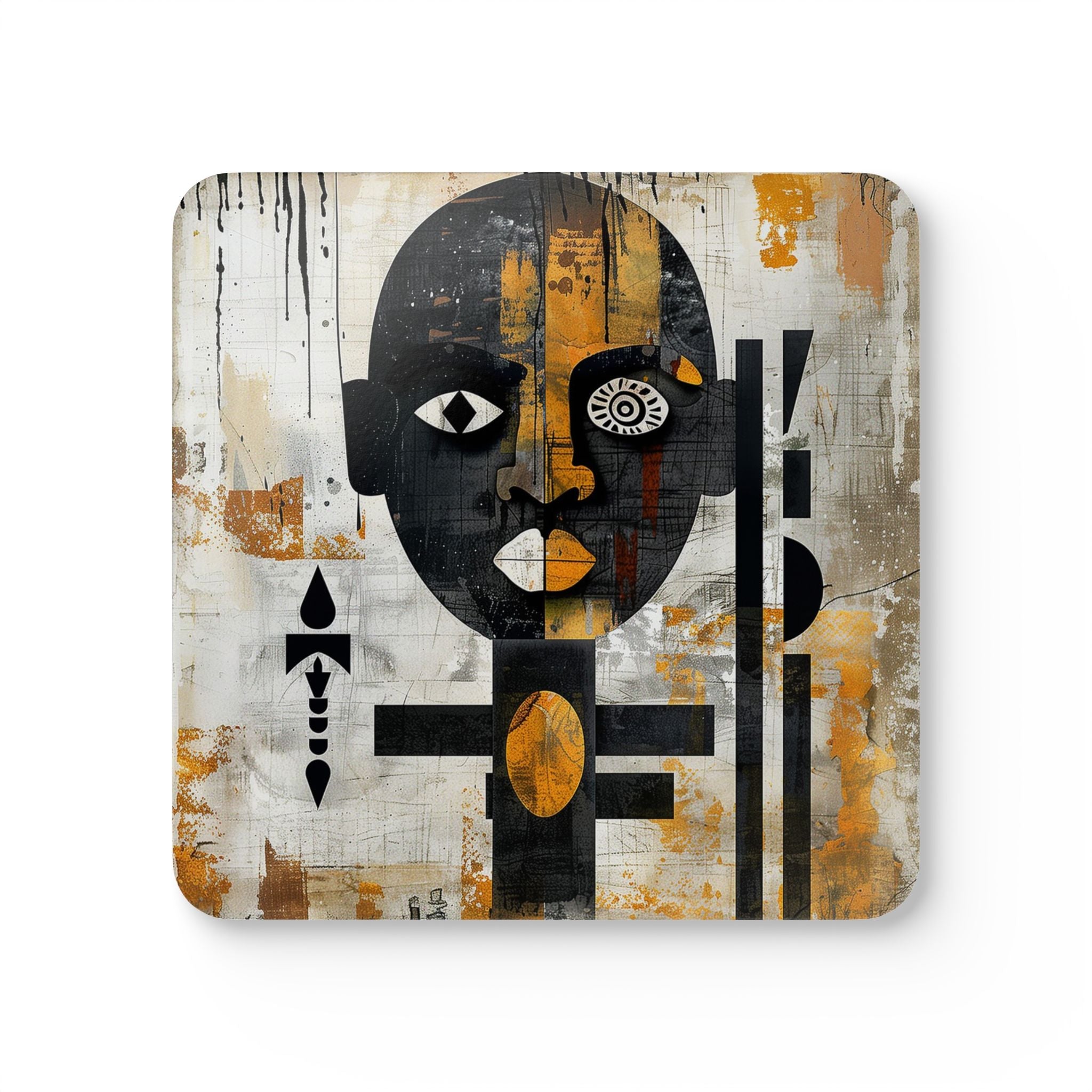 Afrocentric Drink Coasters with Abstract African Mask Art in a bold Afro Bauhaus and Boho design, colorful cultural beverage accessories.
