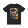 Black Woman Roller Skater Tee featuring a retro-style design with a big Afro, skating through a field of psychedelic colorful wildflowers. A bold Afrocentric tee perfect for roller derby teams and vintage fashion lovers.