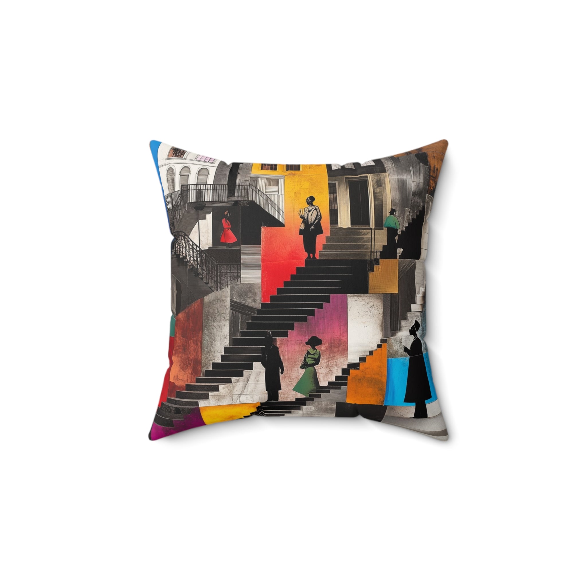 Harlem Neighborhood Faux Suede Square Pillow featuring abstract Black figures sitting on exaggerated brownstone stoops, capturing Harlem life and Afrocentric home style.