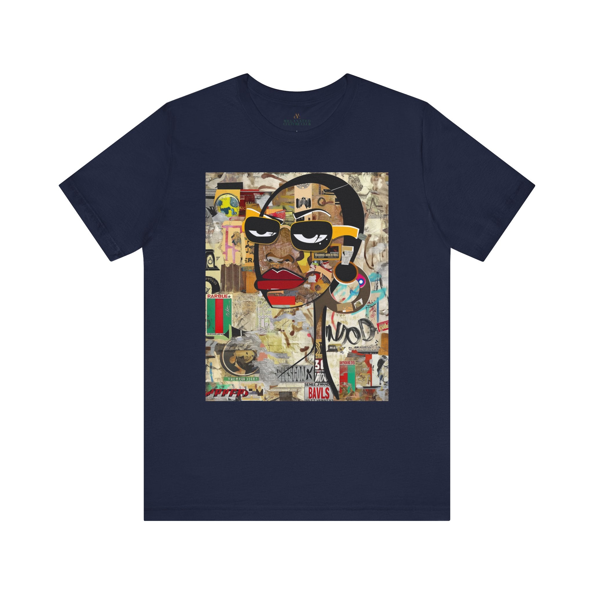 Boss Babe graphic tee featuring an abstract cartoon-style Black woman with bold yellow framed eyeglasses. The design has a vibrant, graffiti-inspired aesthetic that celebrates African American beauty, confidence, and urban art style.