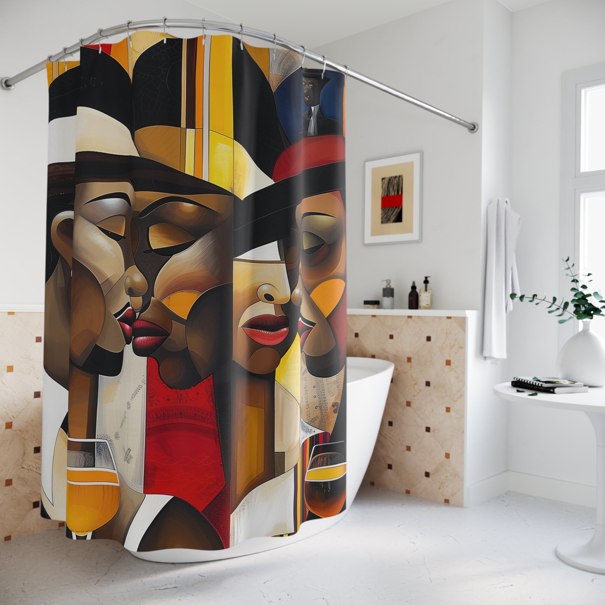 Harlem Era Bathroom Shower Curtain featuring stylish Black fashionistas from the Ladies and Gents collection, inspired by Harlem art, Bauhaus, and pop art design.