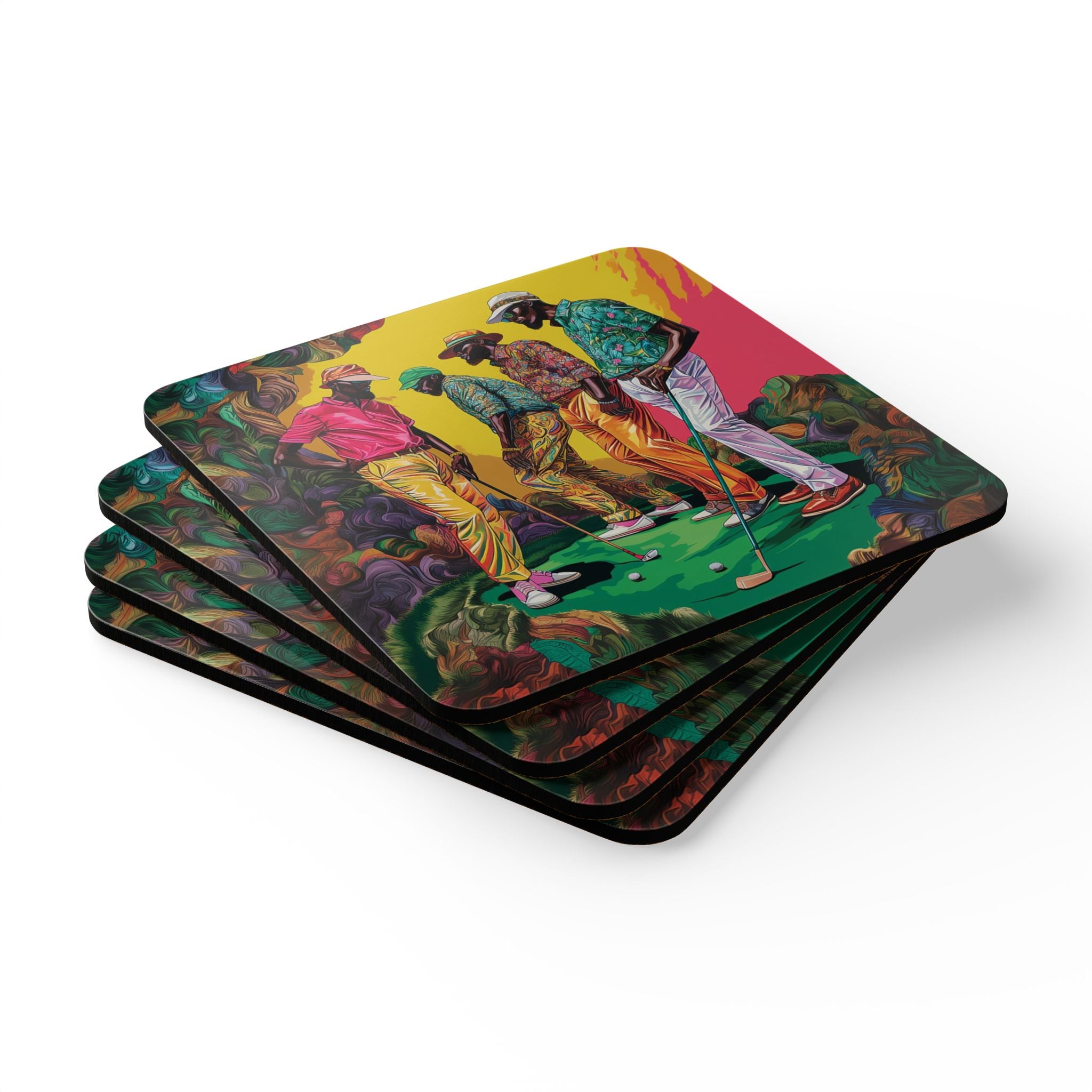Set of 4 drink coasters featuring African American men golfers stylishly dressed in colorful golfing attire. Celebrates Black culture and is perfect as barware or a unique gift for Black men who love golf.
