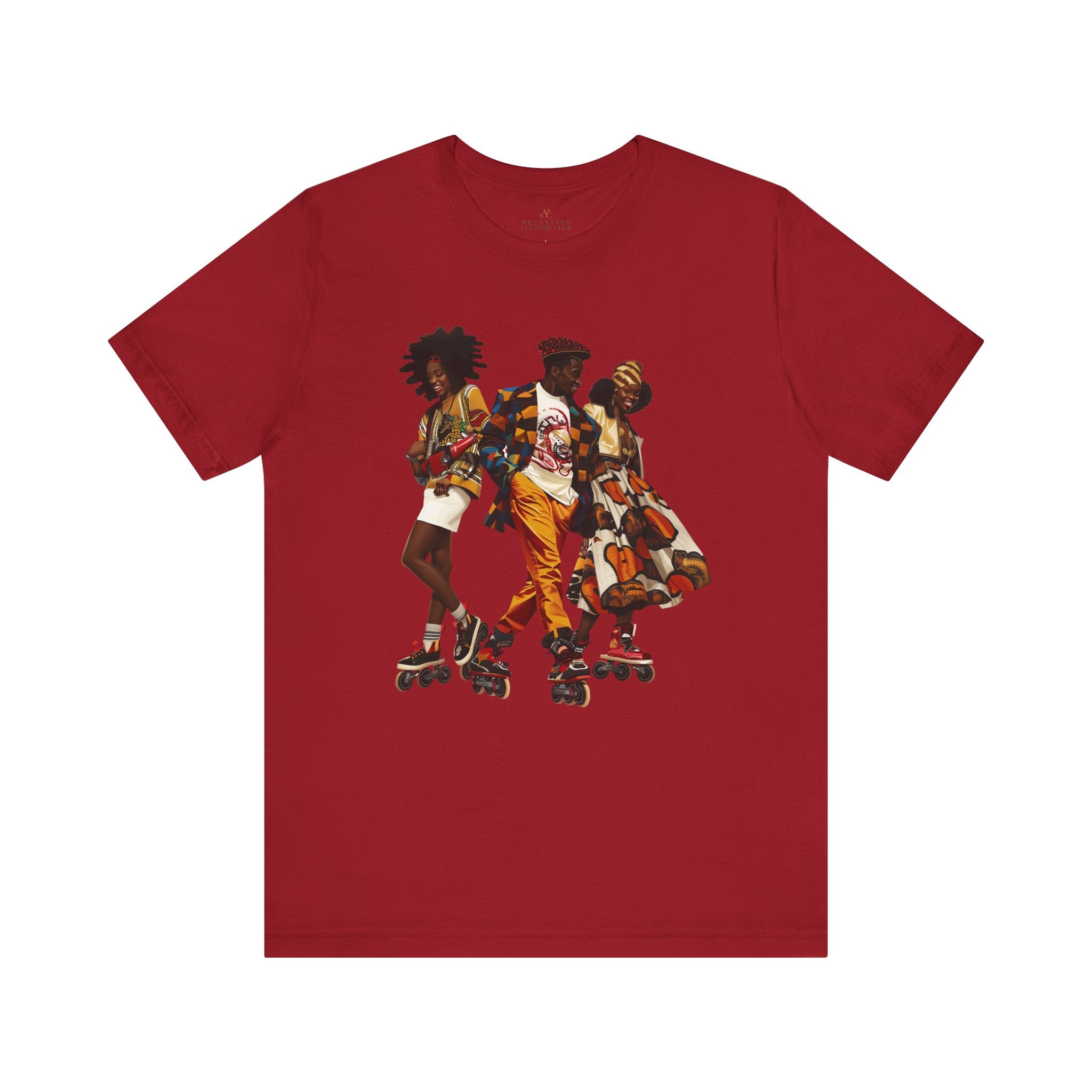 Black Roller Skaters Hip Hop Tee Shirt featuring a stylish Black man and women roller skating in vibrant Afrocentric streetwear; adult unisex top celebrating Black culture, retro skating vibes, and urban fashion.