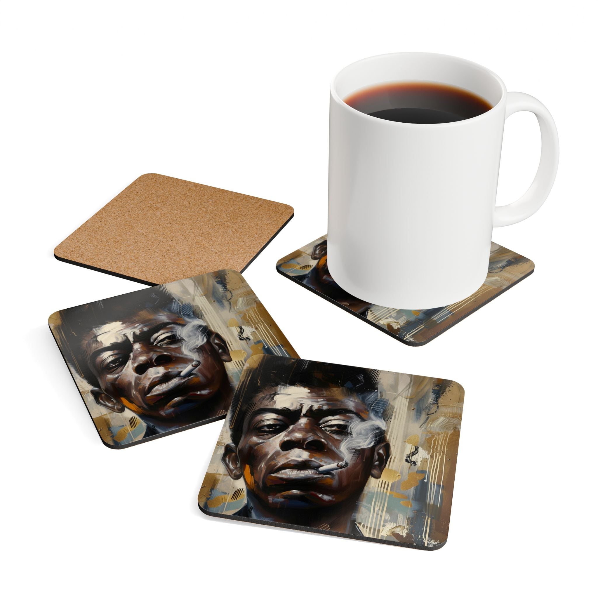 Set of 4 James Baldwin Drink Coasters featuring Afrocentric art portraits of the iconic African American writer and civil rights leader.