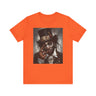 Voodoo Priest Tee Shirt featuring an Afrocentric gothic design of a voodoo priest in a top hat with skull face paint, red eyes, dark fantasy Afrocentric streetwear. (Front style)