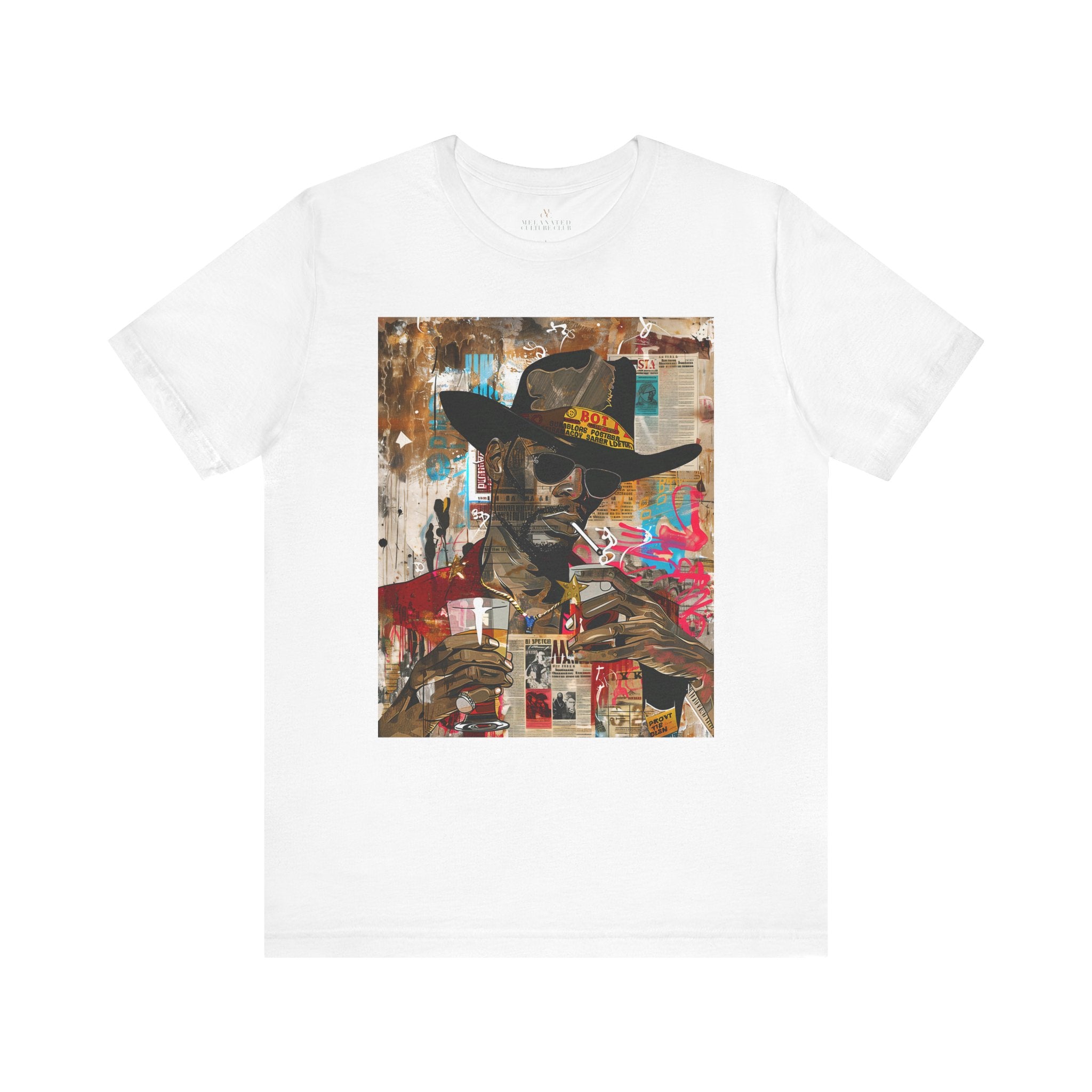 Urban Black Cowboy Tee featuring a graffiti collage design of an African American cowboy wearing dark sunglasses, smoking a cigarette, and holding a neat whiskey. A bold, edgy Afrocentric pop art-style shirt celebrating Black culture.