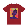 Leela Tee featuring Black woman with royal blue skin and red lipstick, Afrocentric fashion t-shirt for African American women, unisex apparel.