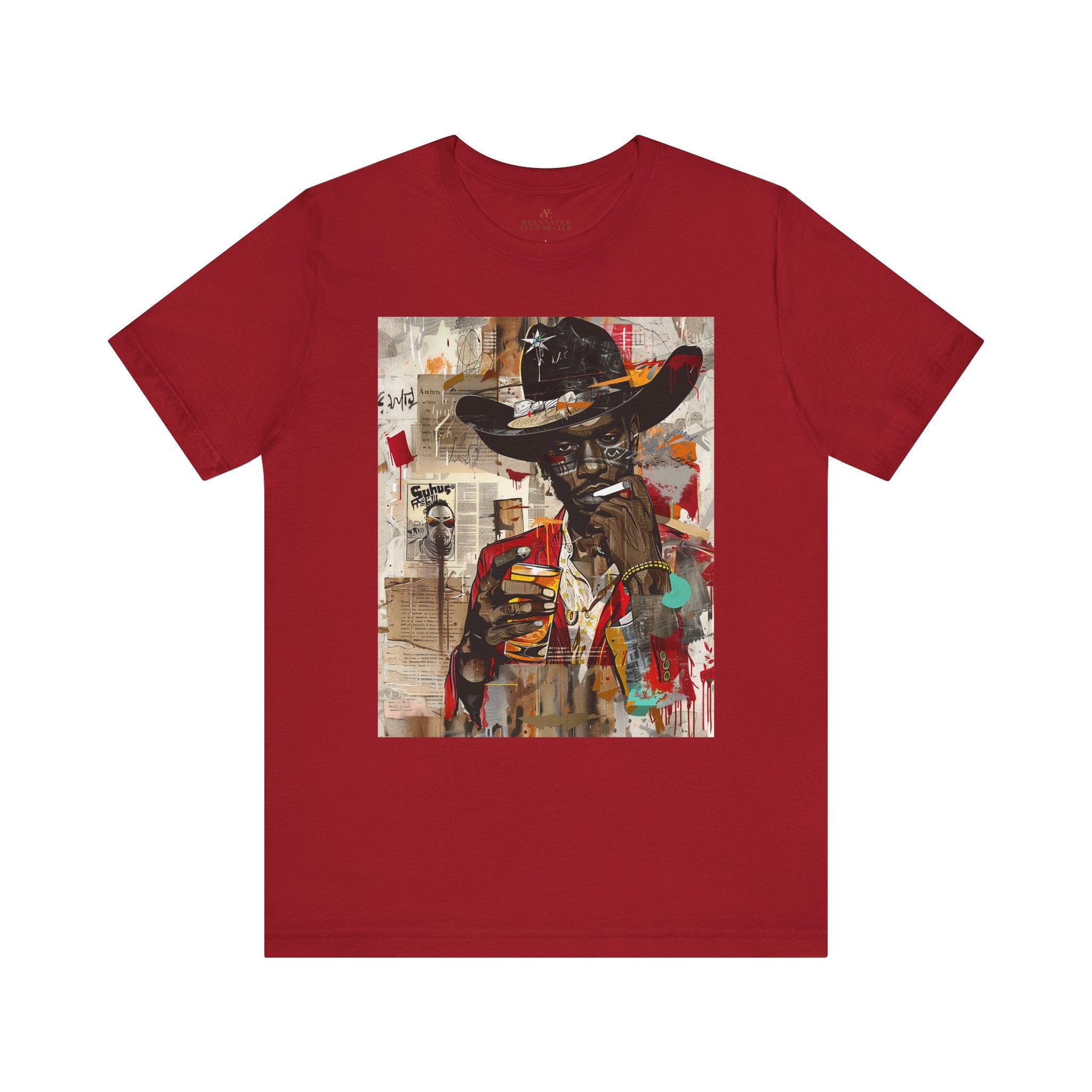 Black Cowboy Tee featuring an edgy African American cowboy with a challenging gaze, smoking a cigarette and drinking whiskey. A pop art, graffiti-inspired collage blending Western grit with urban street style.