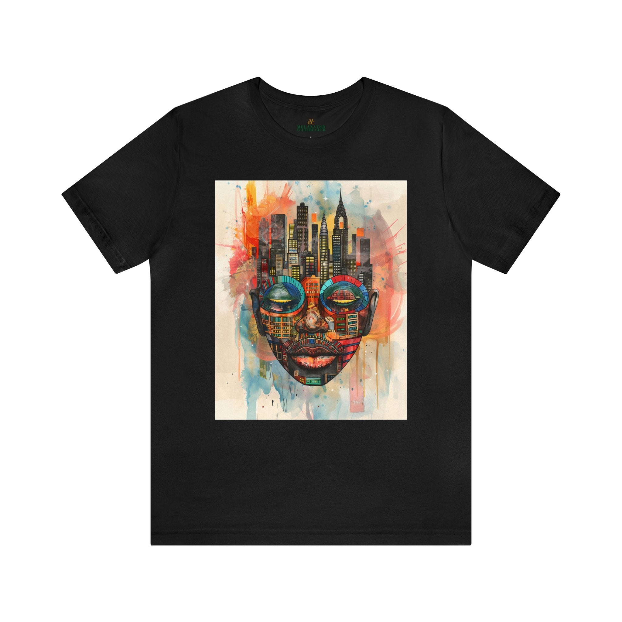 New York City Abstract African Mask Unisex Tee Shirt in black.