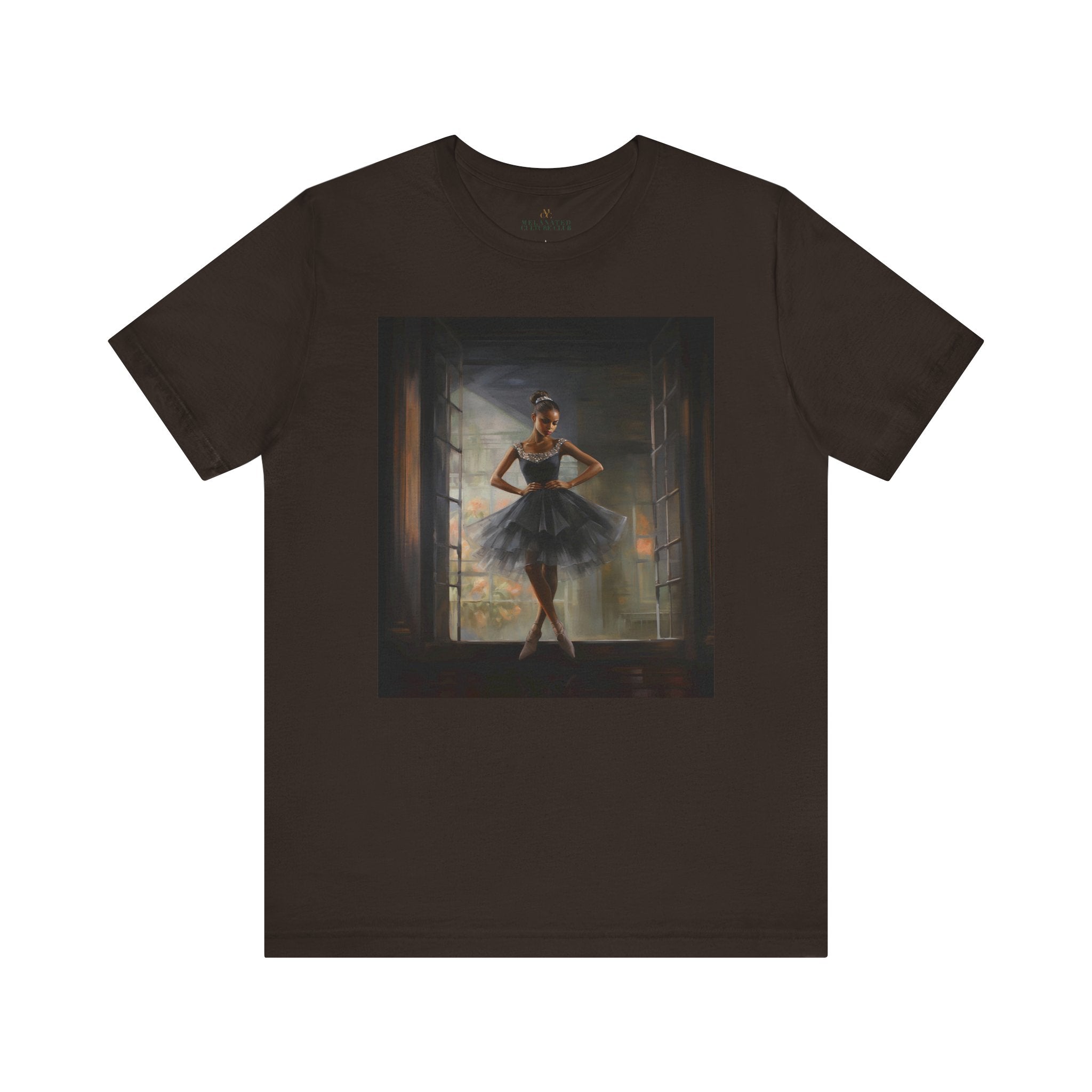 Black Ballerina Tee Shirt featuring an African American dancer, in a beautiful black tulle dress, celebrating brown skin girls in ballet. A perfect gift for ballet students, teachers, and Black girls who love to dance.