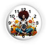 Black Female Yoga Round Wall Clock featuring an Afrocentric woman in meditation pose. Modern Yogi art clock for yoga studio, spa, or peaceful home decor.