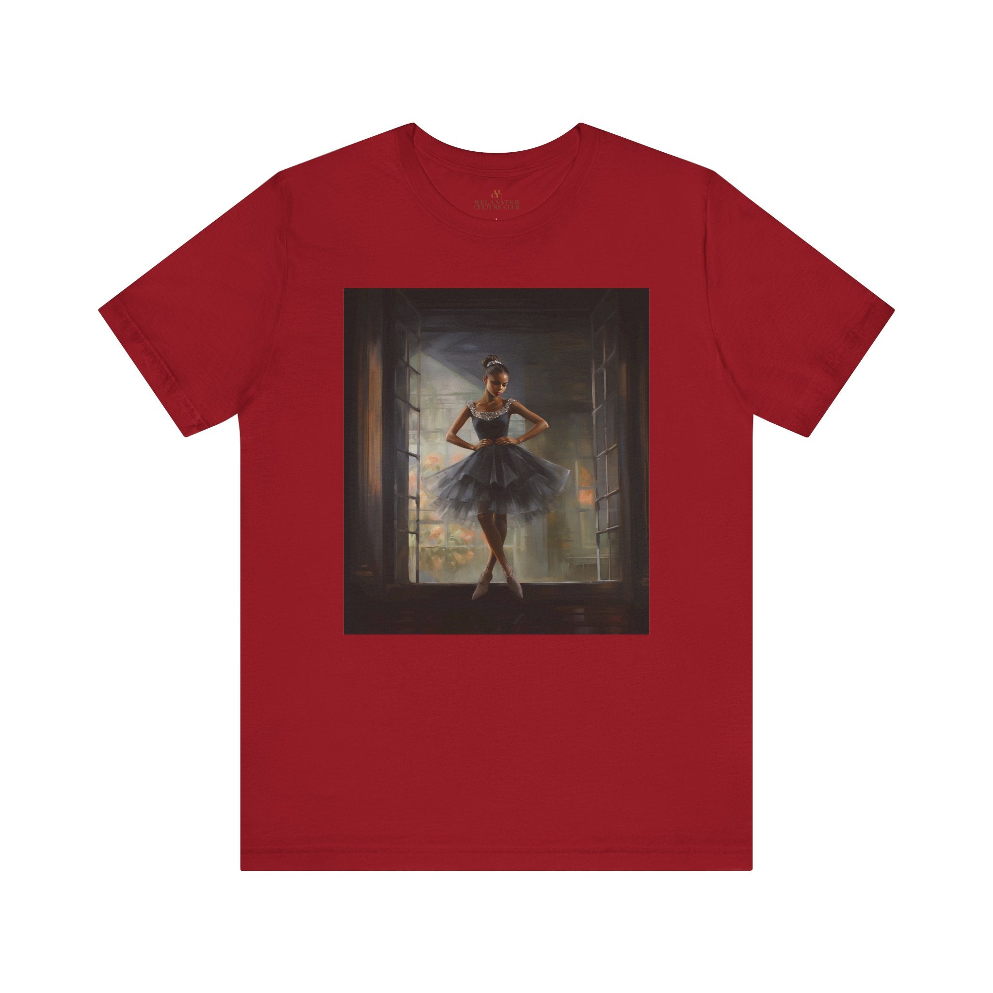 Black Ballerina Tee Shirt featuring an African American dancer, in a beautiful black tulle dress, celebrating brown skin girls in ballet. A perfect gift for ballet students, teachers, and Black girls who love to dance.