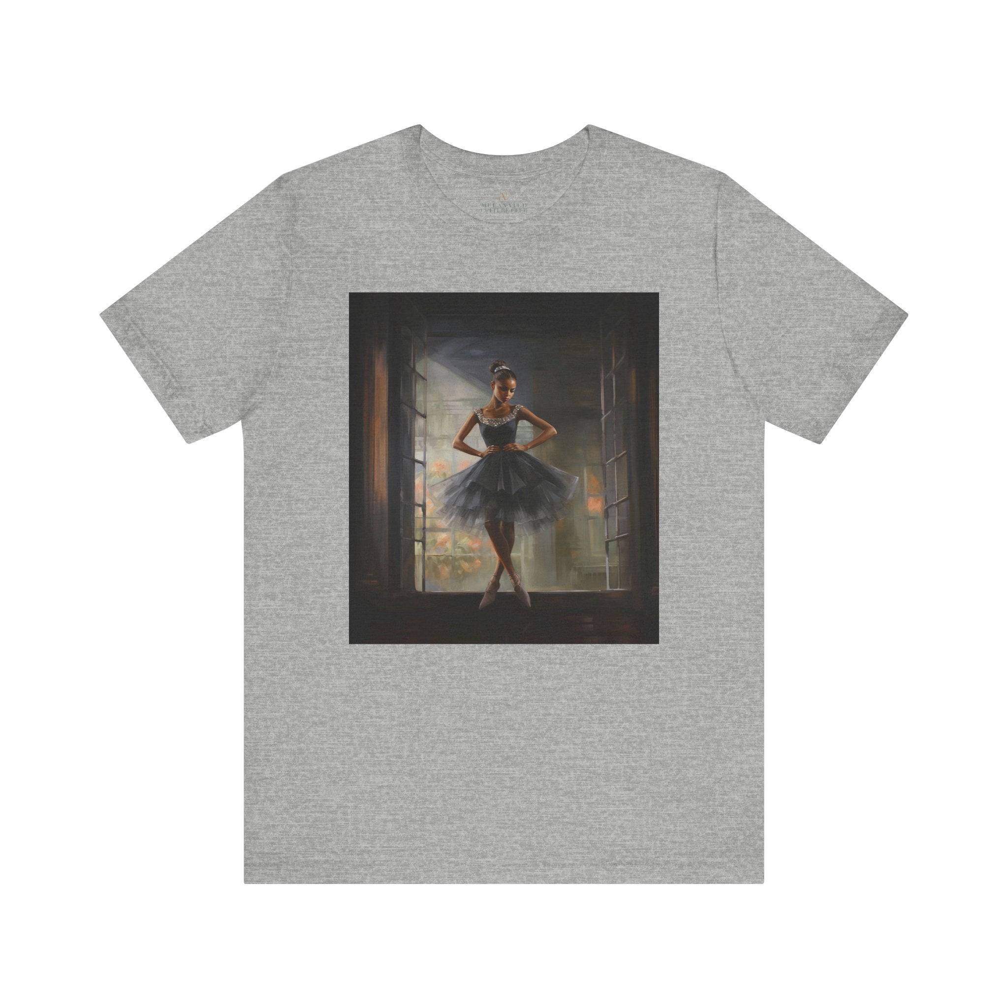 Black Ballerina Tee Shirt featuring an African American dancer, in a beautiful black tulle dress, celebrating brown skin girls in ballet. A perfect gift for ballet students, teachers, and Black girls who love to dance.