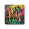 Set of 4 drink coasters featuring African American men golfers stylishly dressed in colorful golfing attire. Celebrates Black culture and is perfect as barware or a unique gift for Black men who love golf.