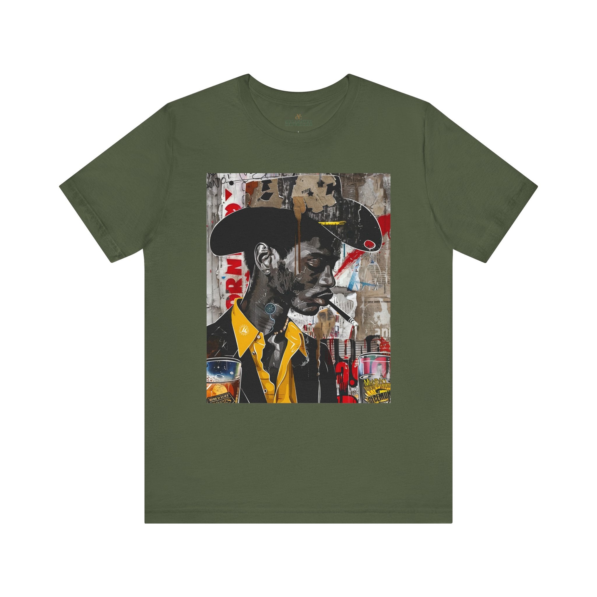 Western Rugged Black Cowboy Tee featuring an edgy African American man with a cigar and whiskey. A bold Afrocentric culture shirt with pop art, graffiti, and collage-inspired design.