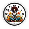 Black Female Yoga Round Wall Clock featuring an Afrocentric woman in meditation pose. Modern Yogi art clock for yoga studio, spa, or peaceful home decor.