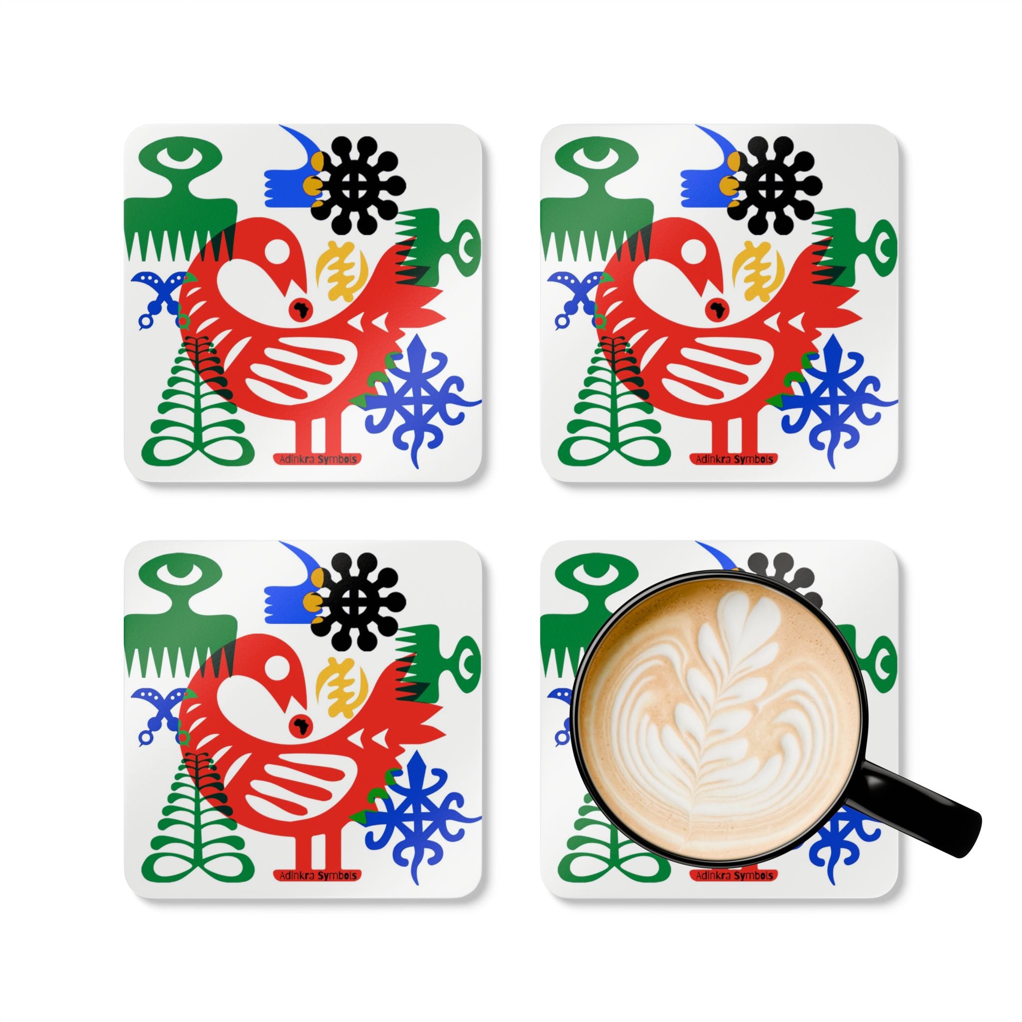 African Adinkra Symbols Drink Coasters featuring traditional Ghanaian symbols representing strength, unity, and wisdom—Afrocentric housewarming gift set.