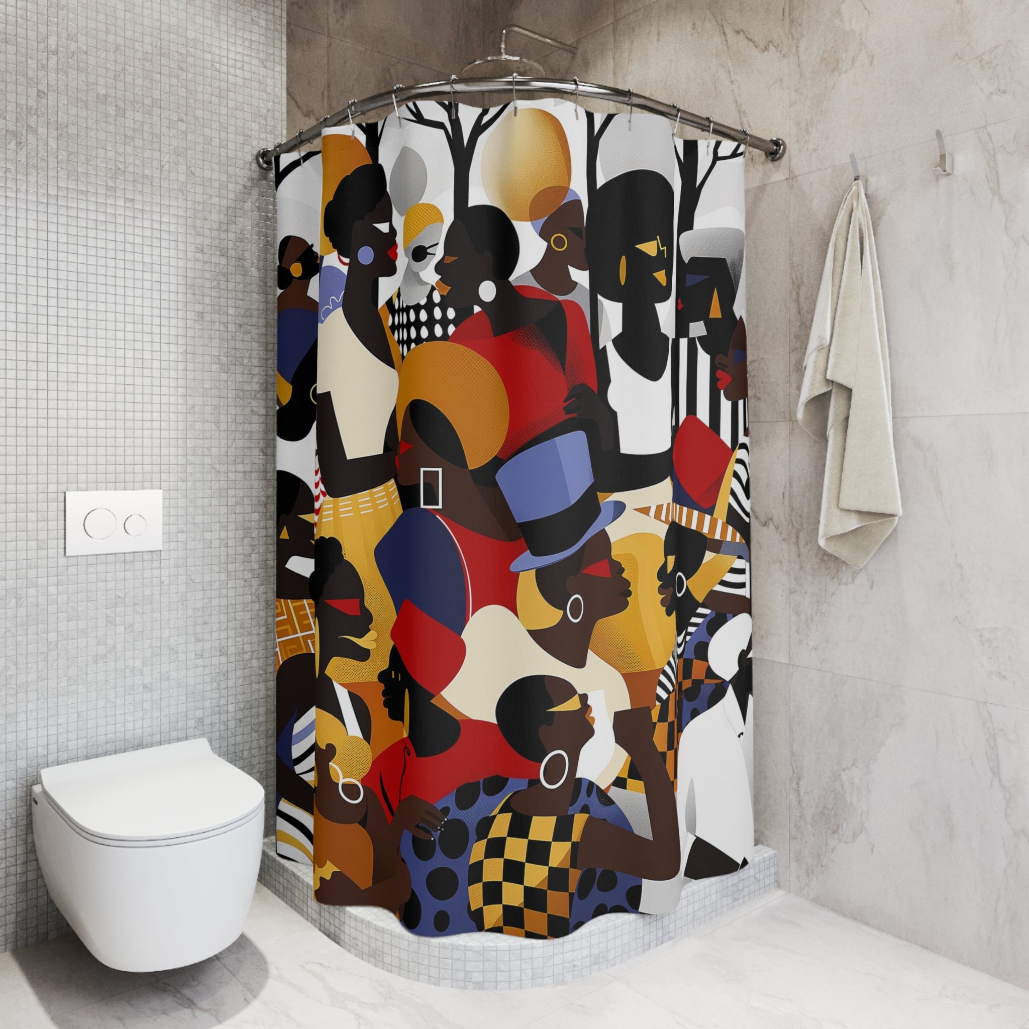 Juneteenth Shower Curtain featuring Afrocentric pop art design of a Black family enjoying an outdoor park celebration, with bright, bold abstract colors and modern cultural style.