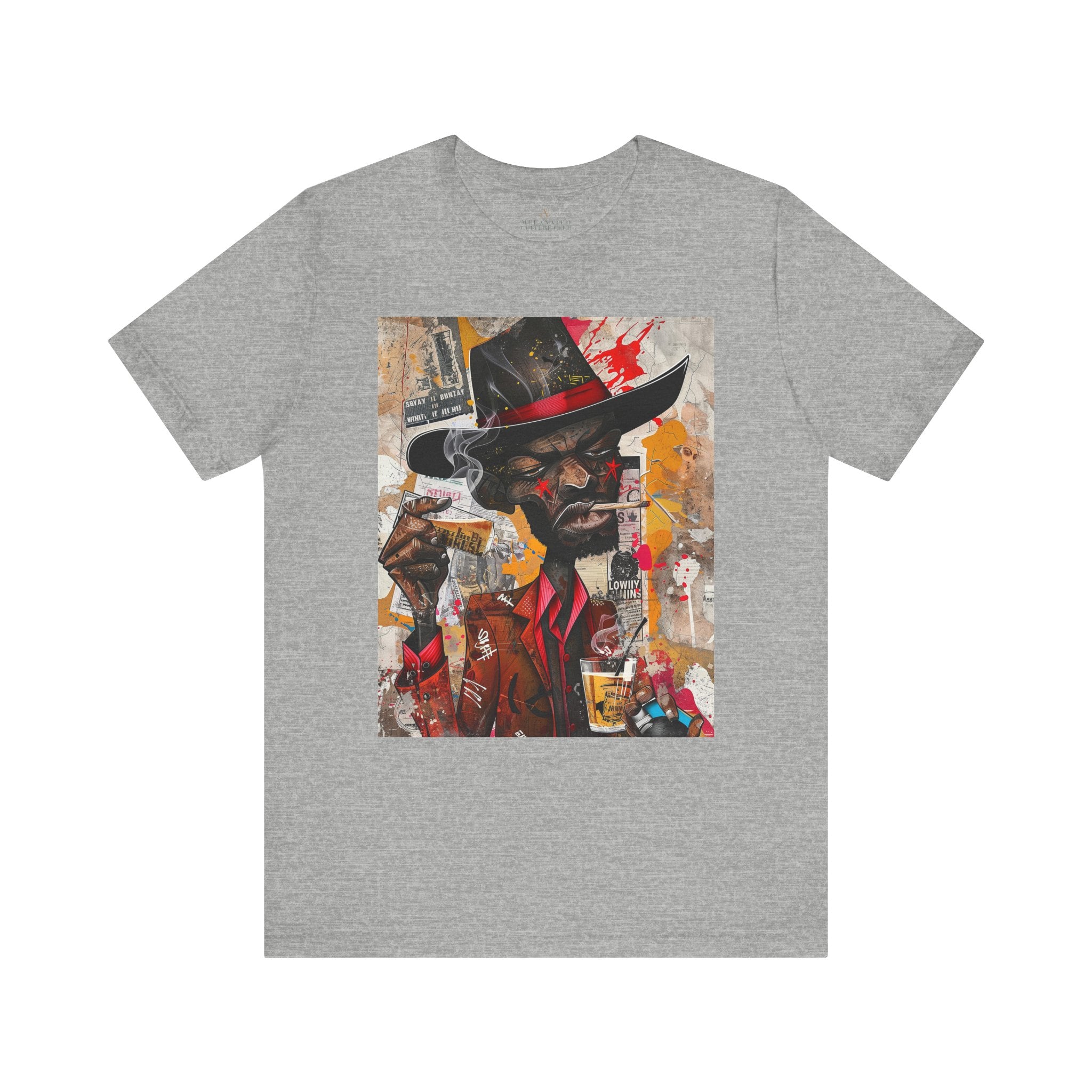 Gangster Black Cowboy Tee featuring a cartoon-style African American cowboy in a graffiti collage design. A bold, edgy Afrocentric pop art-style shirt blending Western and urban street culture.
