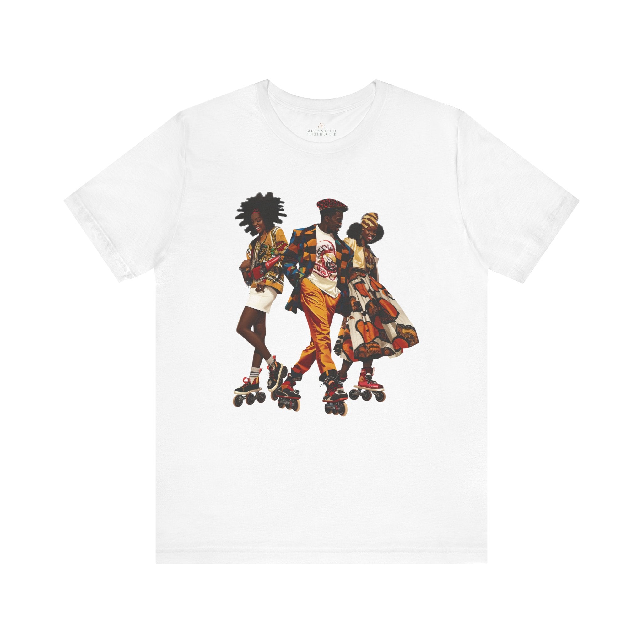 Black Roller Skaters Hip Hop Tee Shirt featuring a stylish Black man and women roller skating in vibrant Afrocentric streetwear; adult unisex top celebrating Black culture, retro skating vibes, and urban fashion.