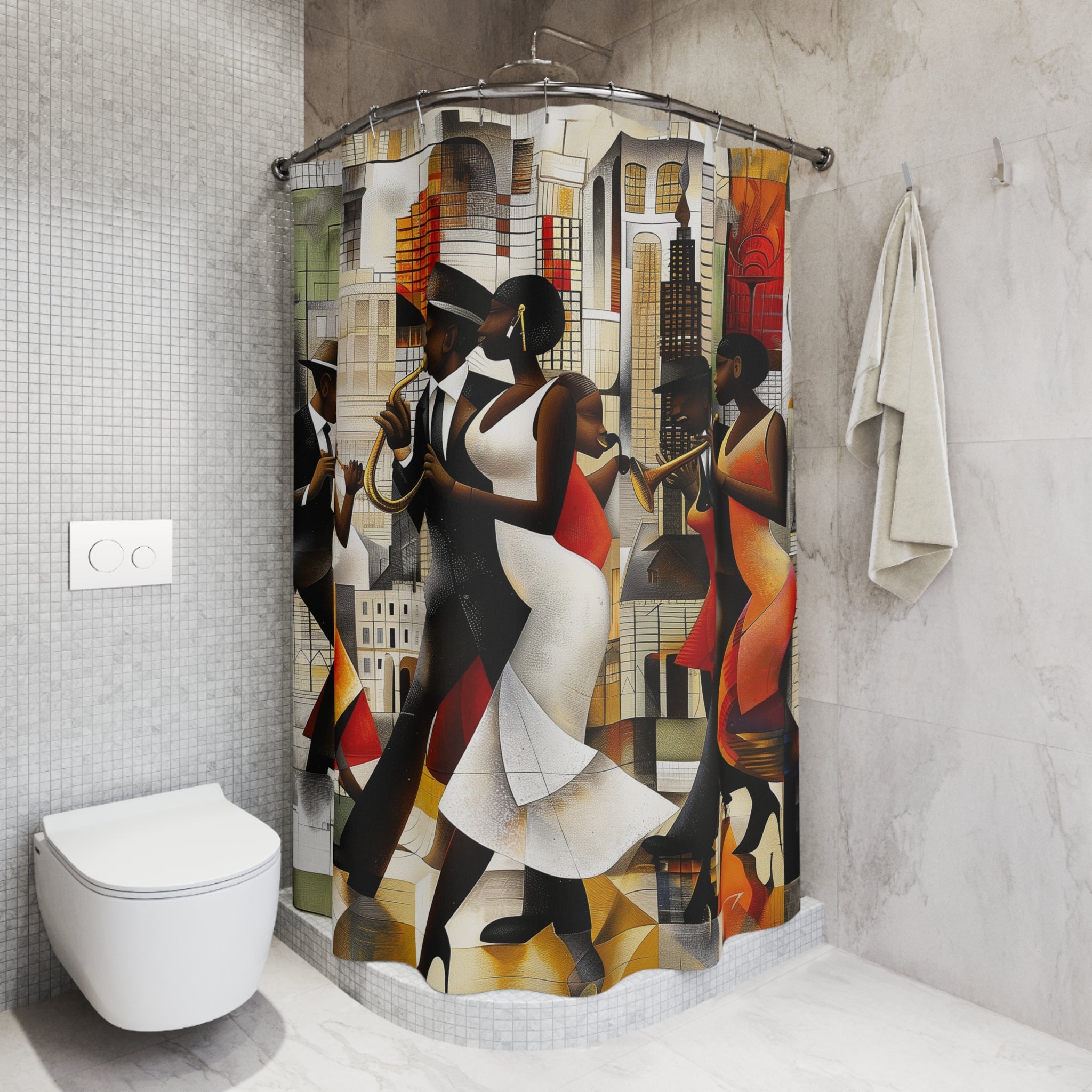 Harlem Renaissance Bathroom Shower Curtain featuring abstract jazz musicians in a Bauhaus-inspired Afrocentric design. A bold bohemian art piece perfect for adding cultural flair to your bathroom decor.