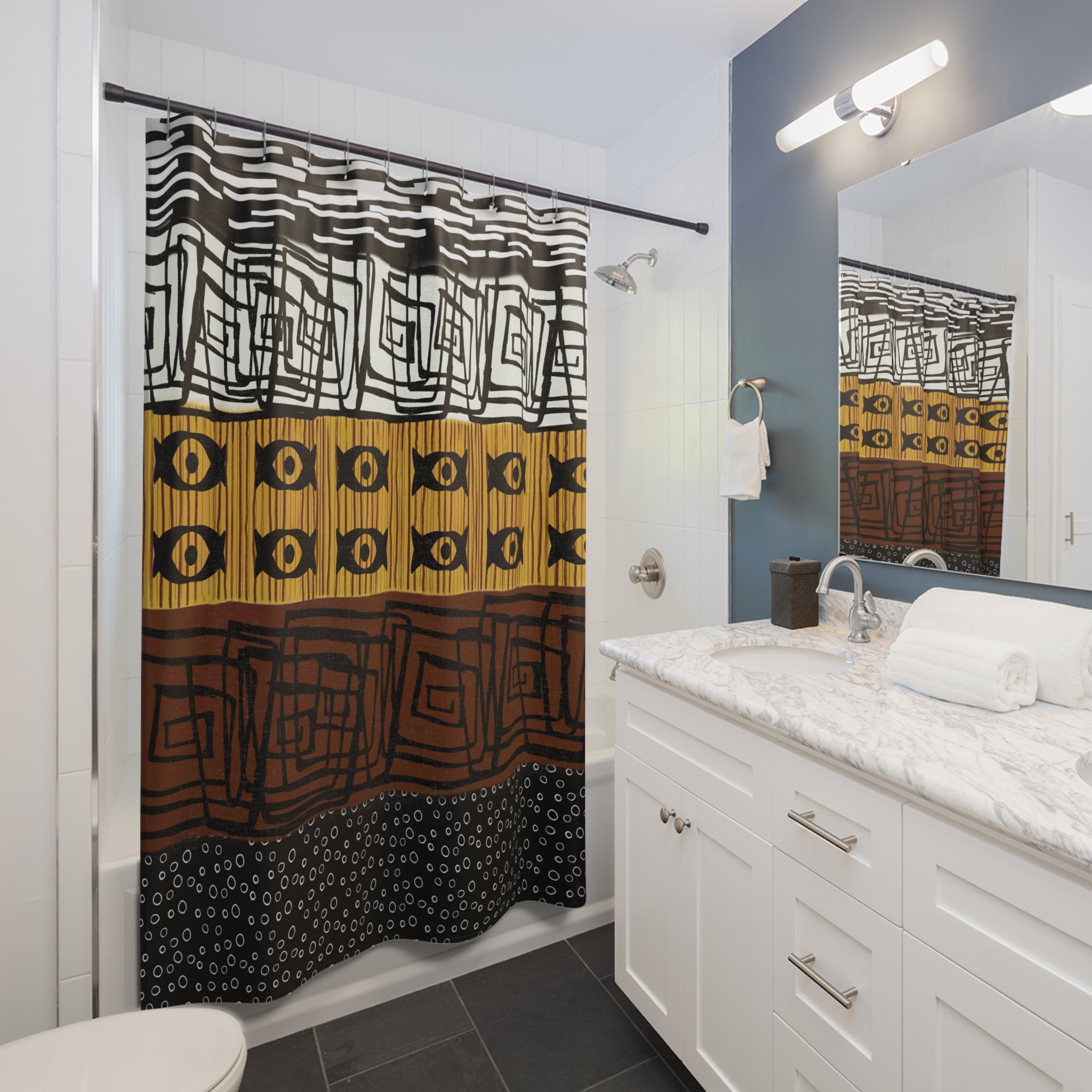 African Mud Cloth Bathroom Shower Curtain featuring traditional African-inspired patterns in a bold, Afrocentric design, perfect for culturally rich and stylish home decor.