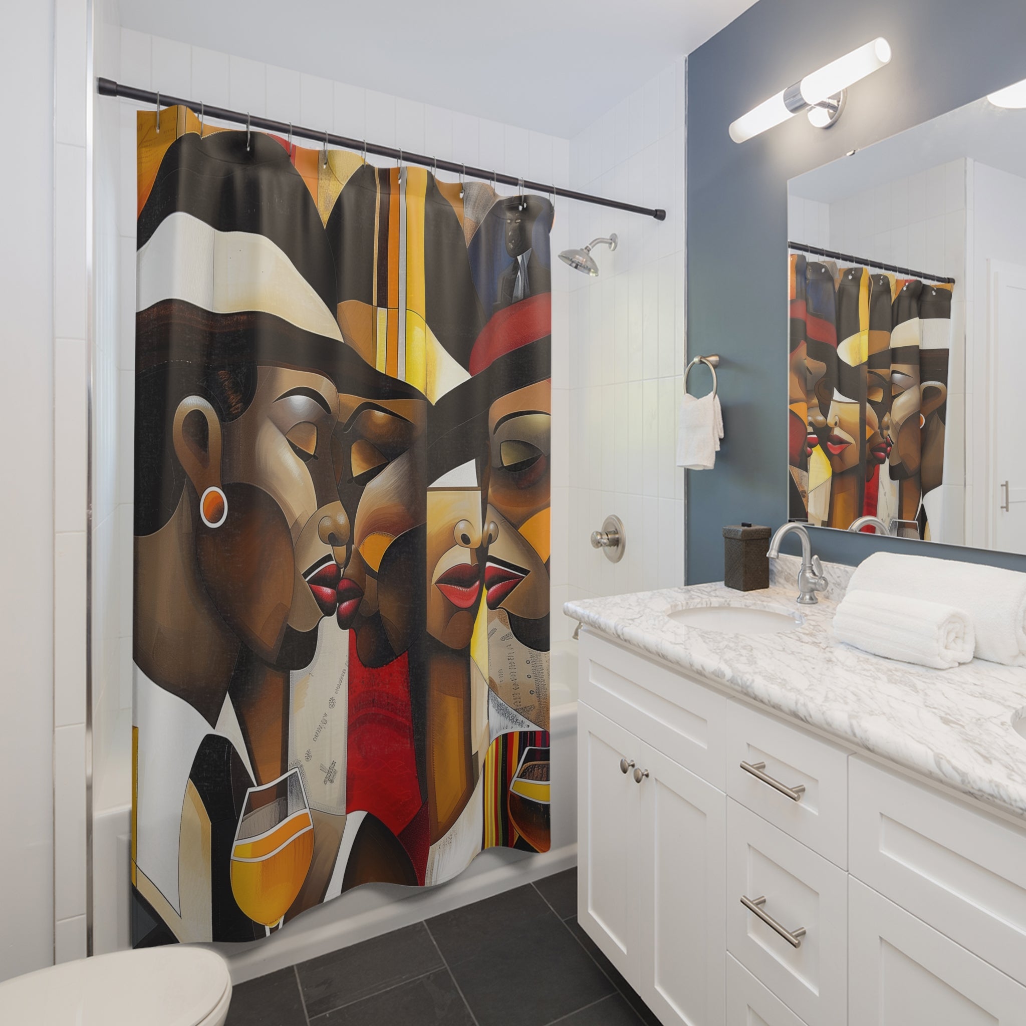 Harlem Era Bathroom Shower Curtain featuring stylish Black fashionistas from the Ladies and Gents collection, inspired by Harlem art, Bauhaus, and pop art design.