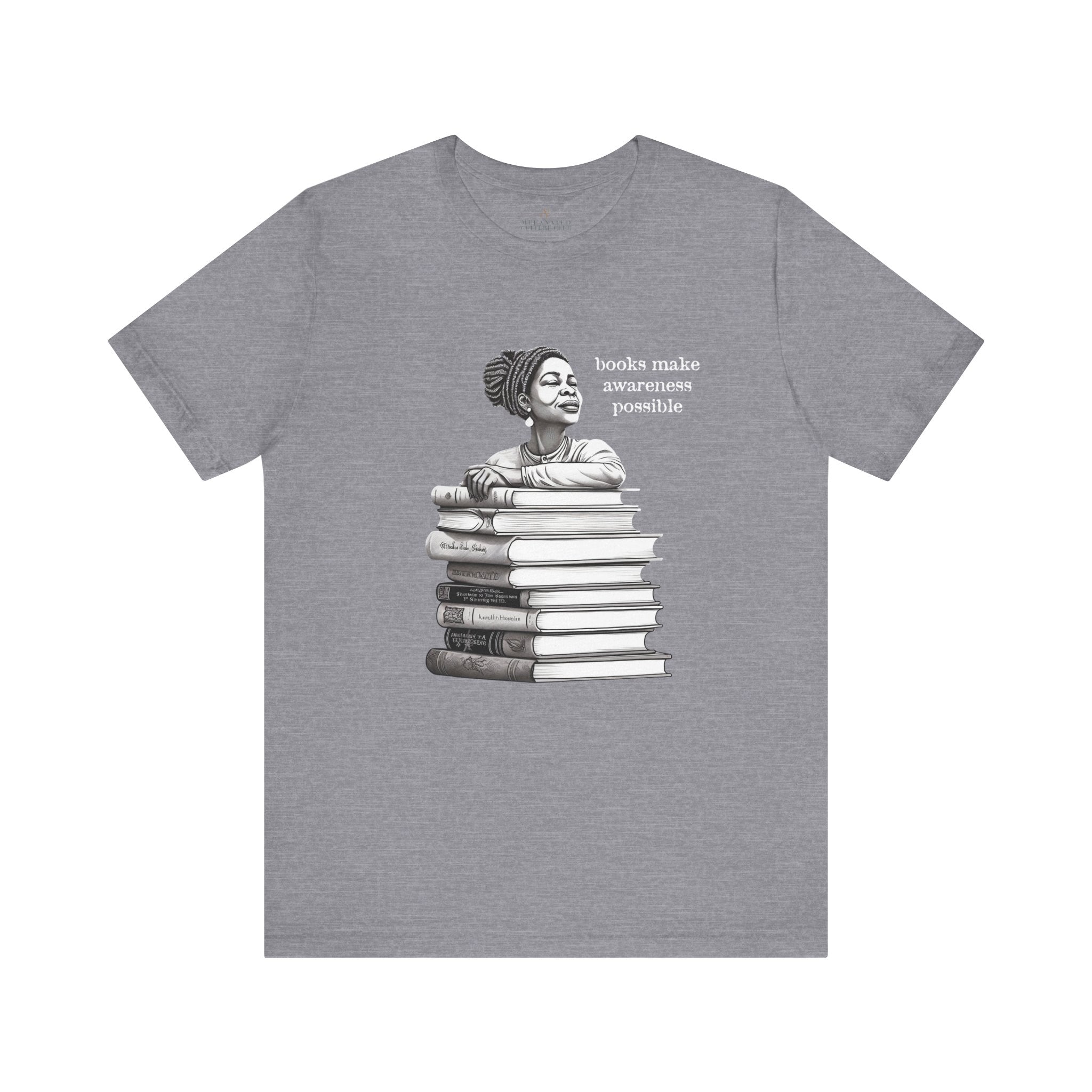 Black Woman Reading Books Tee Shirt in athletic heather.