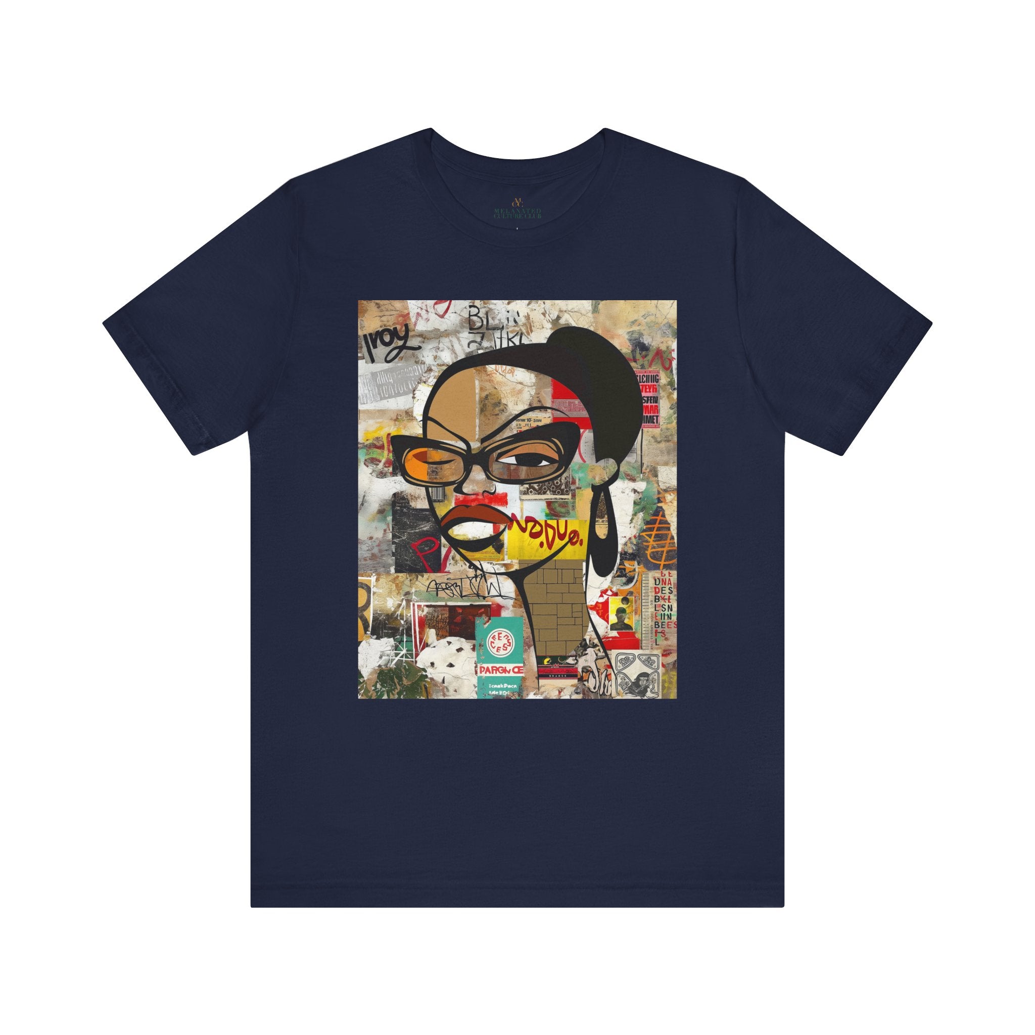 Graphic tee featuring an abstract cartoon-style illustration of a confident Black woman with stylish black-framed eyeglasses and a one-eyed inquisitive stare. The design has a bold, graffiti-inspired look that celebrates Black girl magic, attitude, and self-expression.