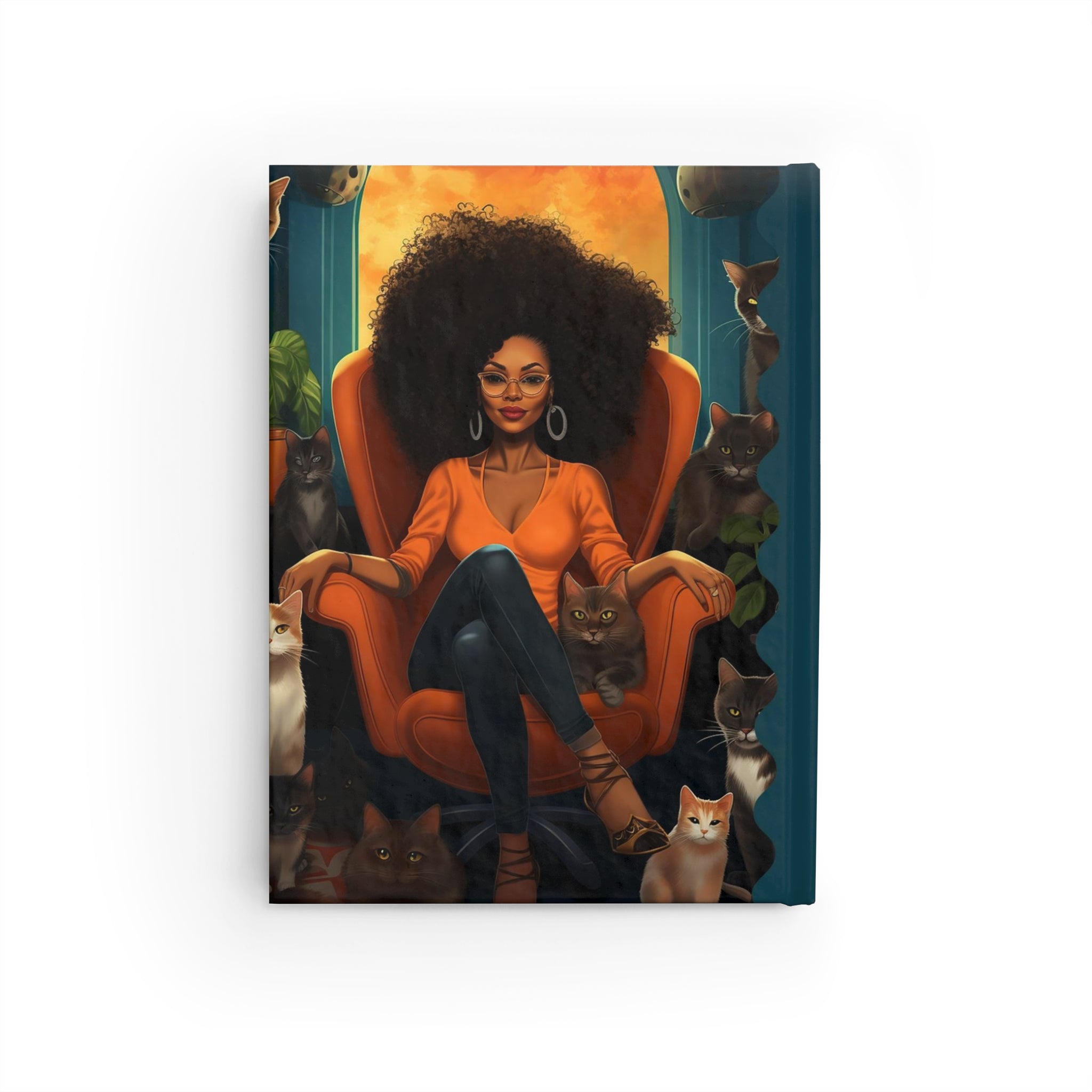 Black Woman Cat Lady Journal featuring an African American woman with big, beautiful Afro hair and her feline companions. A stylish writing journal perfect for cat moms, writers, and lovers of cats.