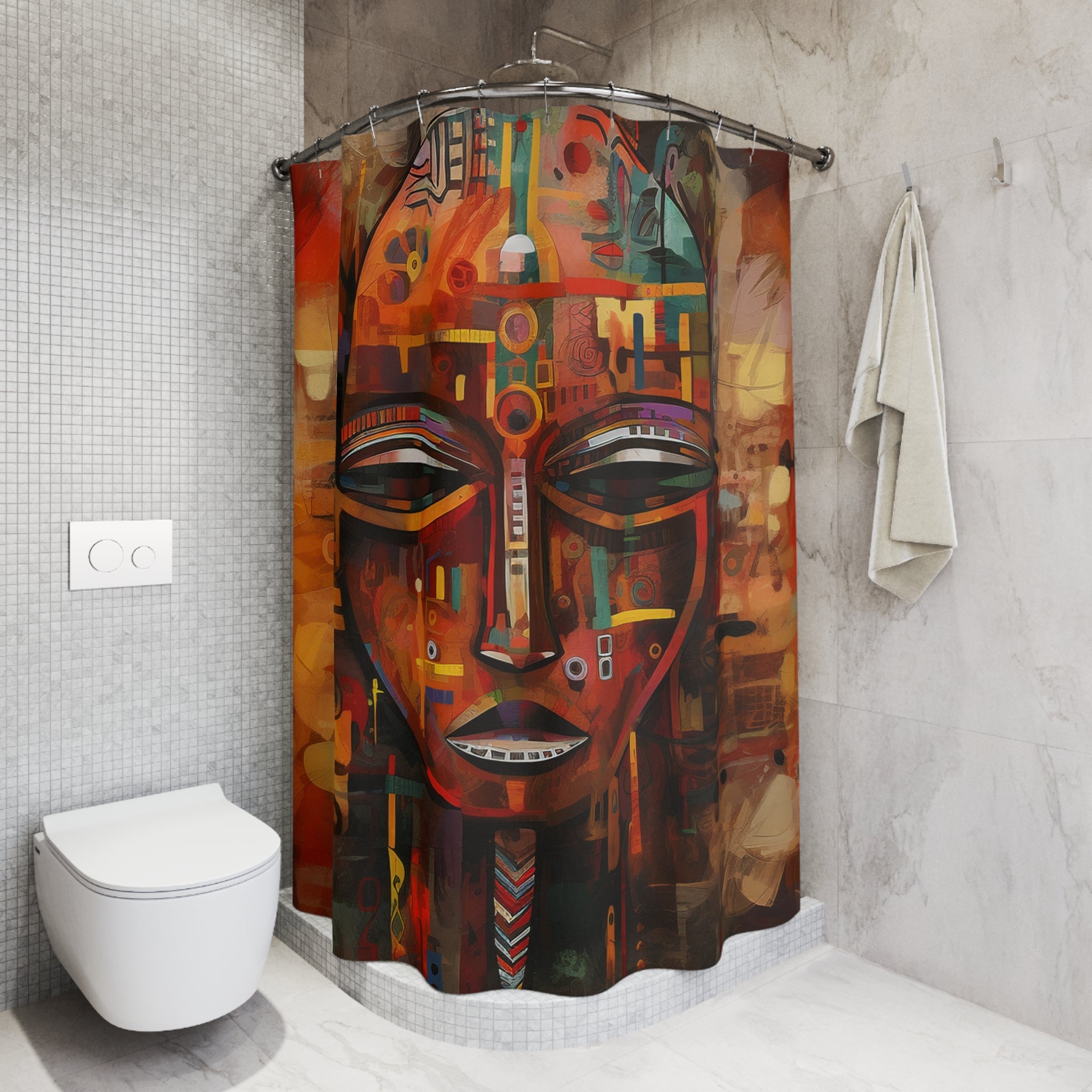 Bathroom shower curtain featuring an abstract African mask design with bold Afrocentric patterns, ideal for African-inspired home decor.
