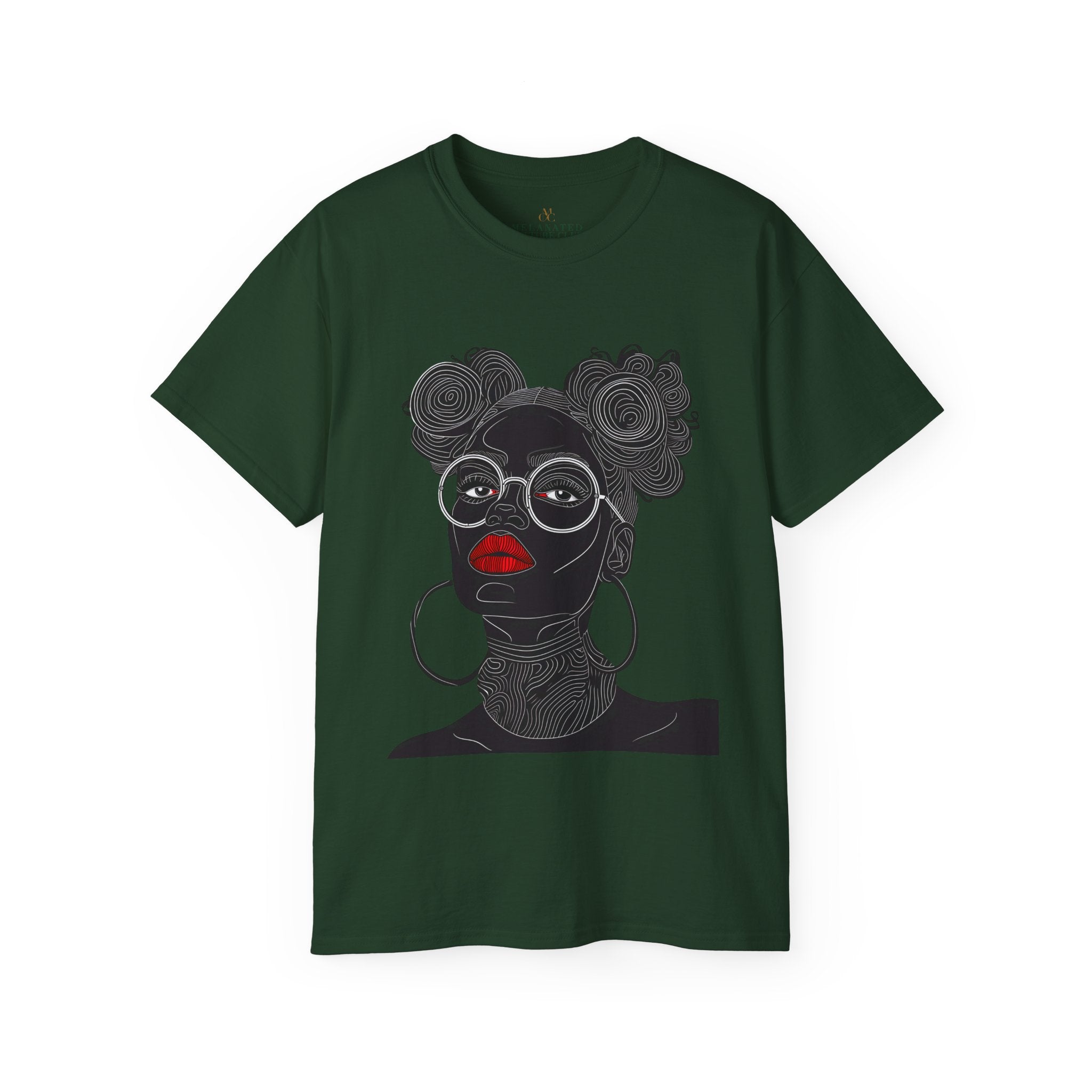 Black Girl Bantu Knots Tee Shirt featuring an Afrocentric design of a Black woman with natural hair, bold red lipstick, beautiful Black skin, and white wire-frame glasses. A stylish statement of culture and empowerment.