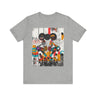 Black Girl Roller Skaters Tee Shirt featuring abstract graffiti pop art of African American women roller skating in bold, bright colors; Afrocentric fly girls streetwear.