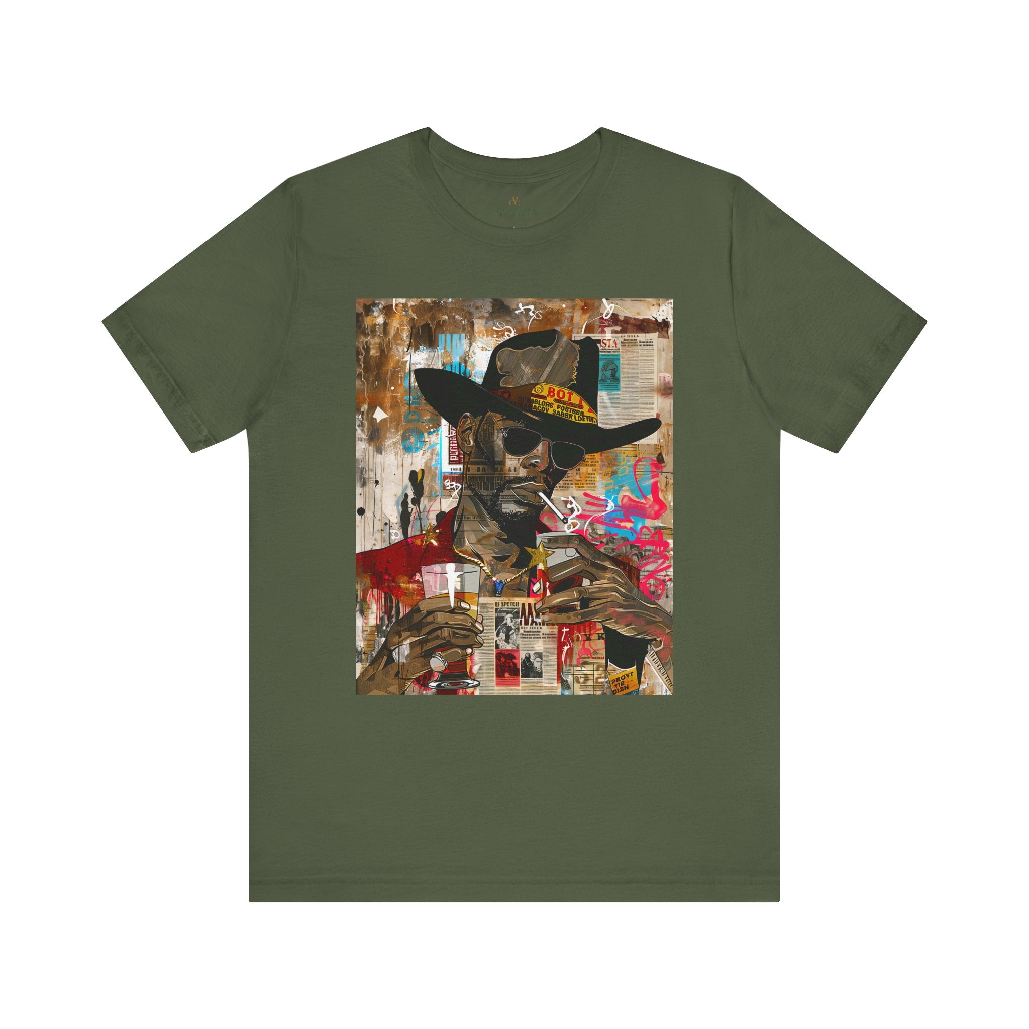 Urban Black Cowboy Tee featuring a graffiti collage design of an African American cowboy wearing dark sunglasses, smoking a cigarette, and holding a neat whiskey. A bold, edgy Afrocentric pop art-style shirt celebrating Black culture.
