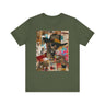 Urban Black Cowboy Tee featuring a graffiti collage design of an African American cowboy wearing dark sunglasses, smoking a cigarette, and holding a neat whiskey. A bold, edgy Afrocentric pop art-style shirt celebrating Black culture.
