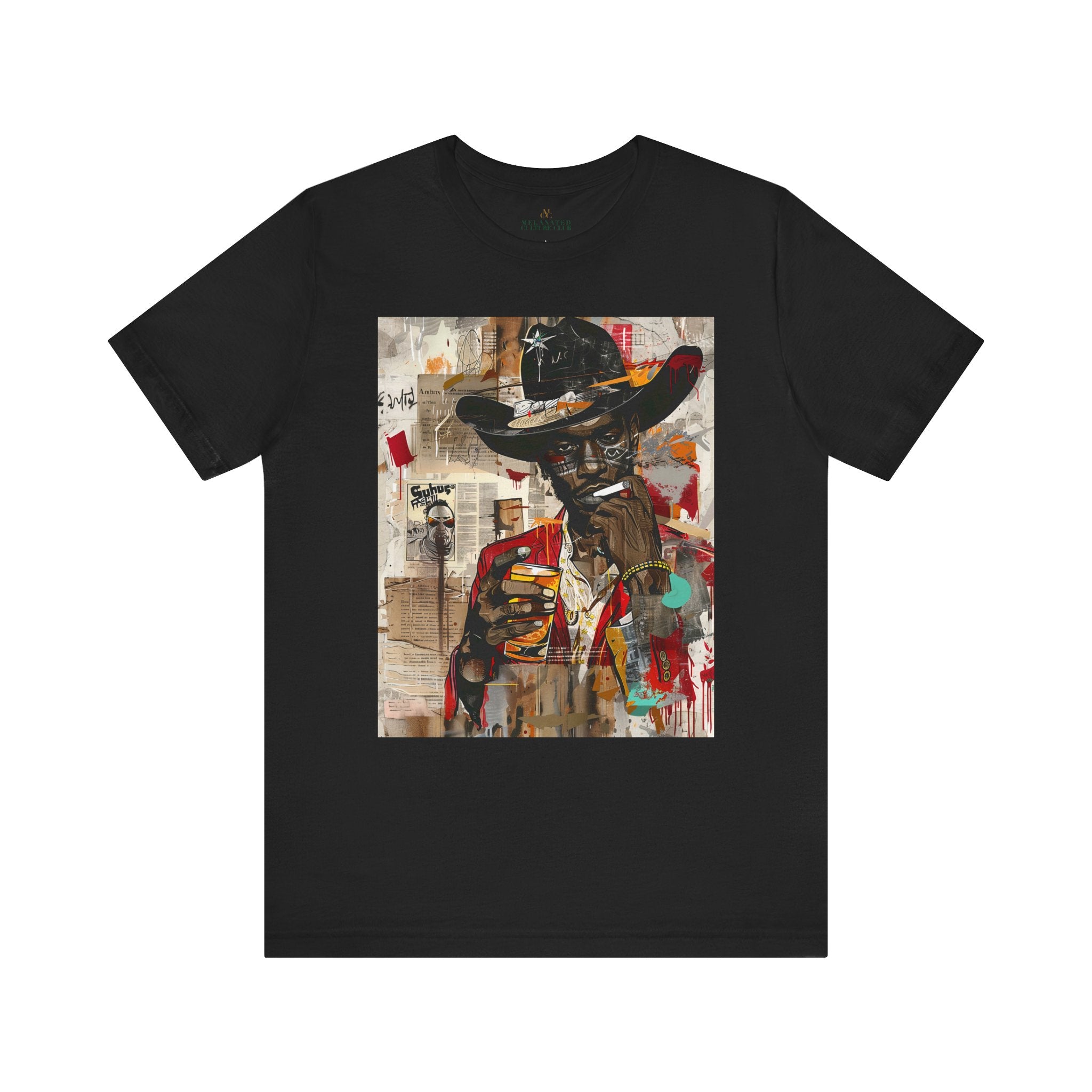 Black Cowboy Tee featuring an edgy African American cowboy with a challenging gaze, smoking a cigarette and drinking whiskey. A pop art, graffiti-inspired collage blending Western grit with urban street style.