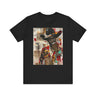 Black Cowboy Tee featuring an edgy African American cowboy with a challenging gaze, smoking a cigarette and drinking whiskey. A pop art, graffiti-inspired collage blending Western grit with urban street style.