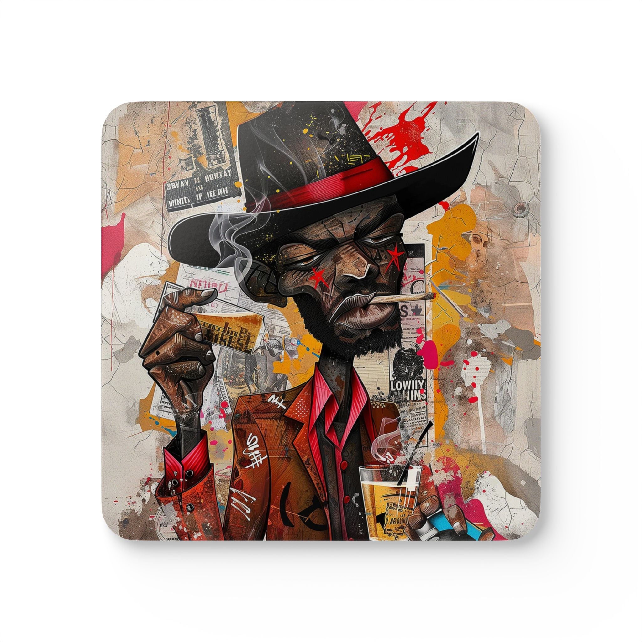 Drink Coasters featuring an African American cowboy in graffiti pop art style with cartoon elements—bold, Afrocentric barware decor set of coasters.
