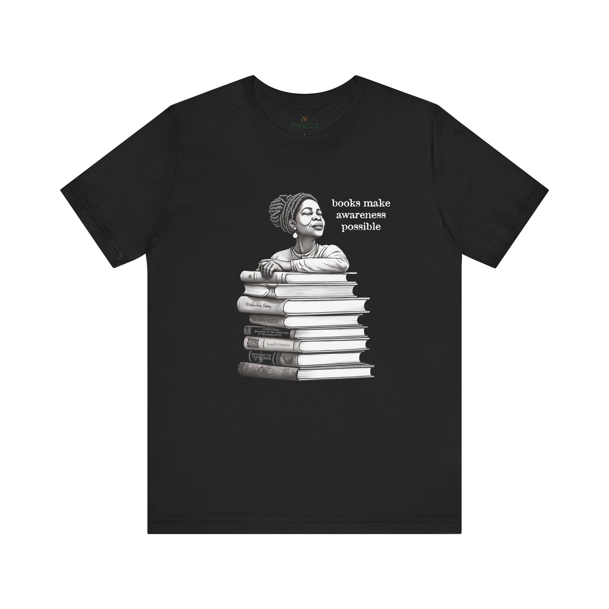 Black Woman Reading Books Tee Shirt in black.