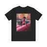 Fashionista Black Woman Tee featuring a vintage-inspired retro 50s African American lady driving a pink convertible. A stylish fly girl tee celebrating Black beauty and classic fashion.