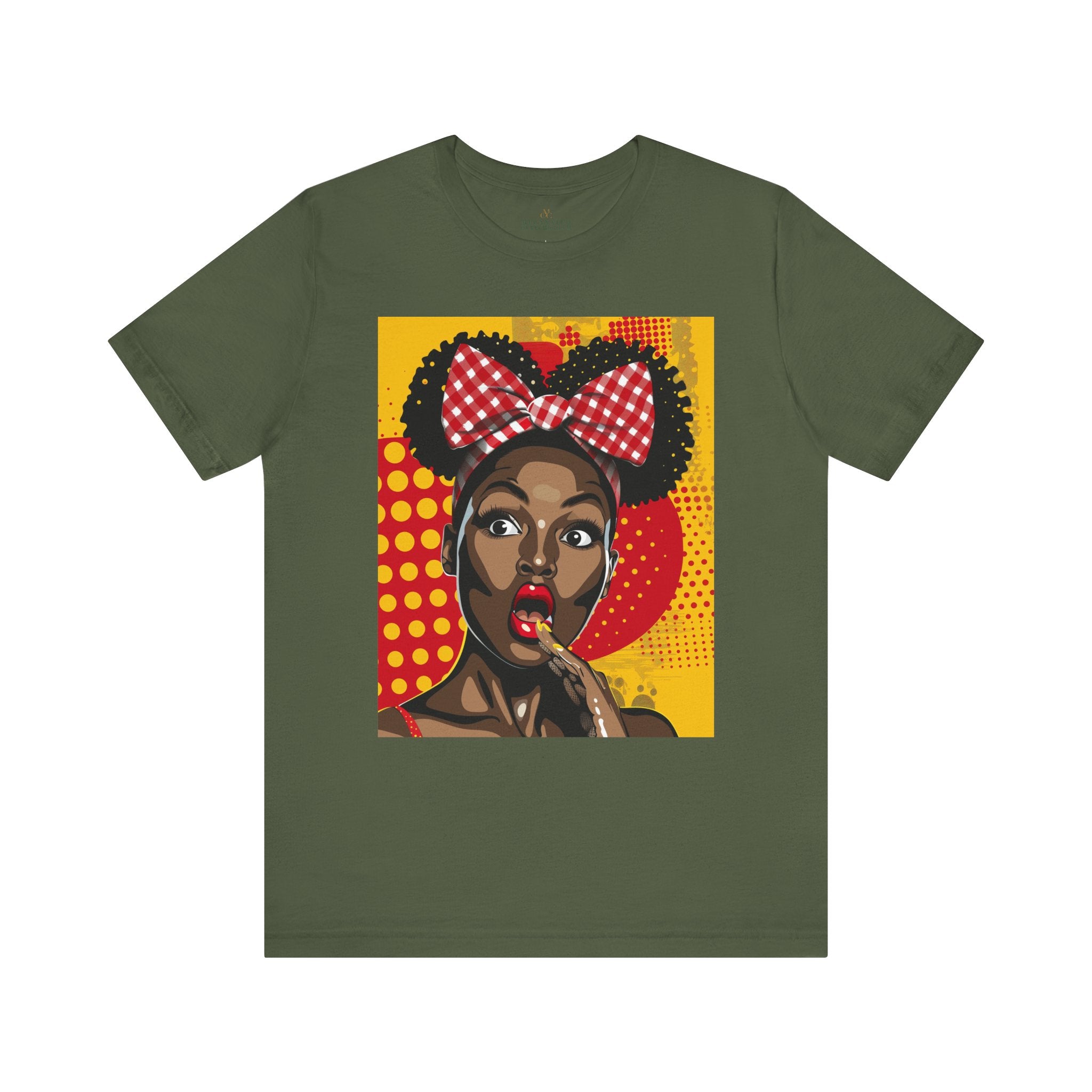 Black Girl Shocked Look Tee Shirt featuring a cartoon-style pop art illustration of a Black woman with natural hair and a red polka-dotted hair bow. Afrocentric graphic tee celebrating Black Girl Magic and expressive streetwear style.