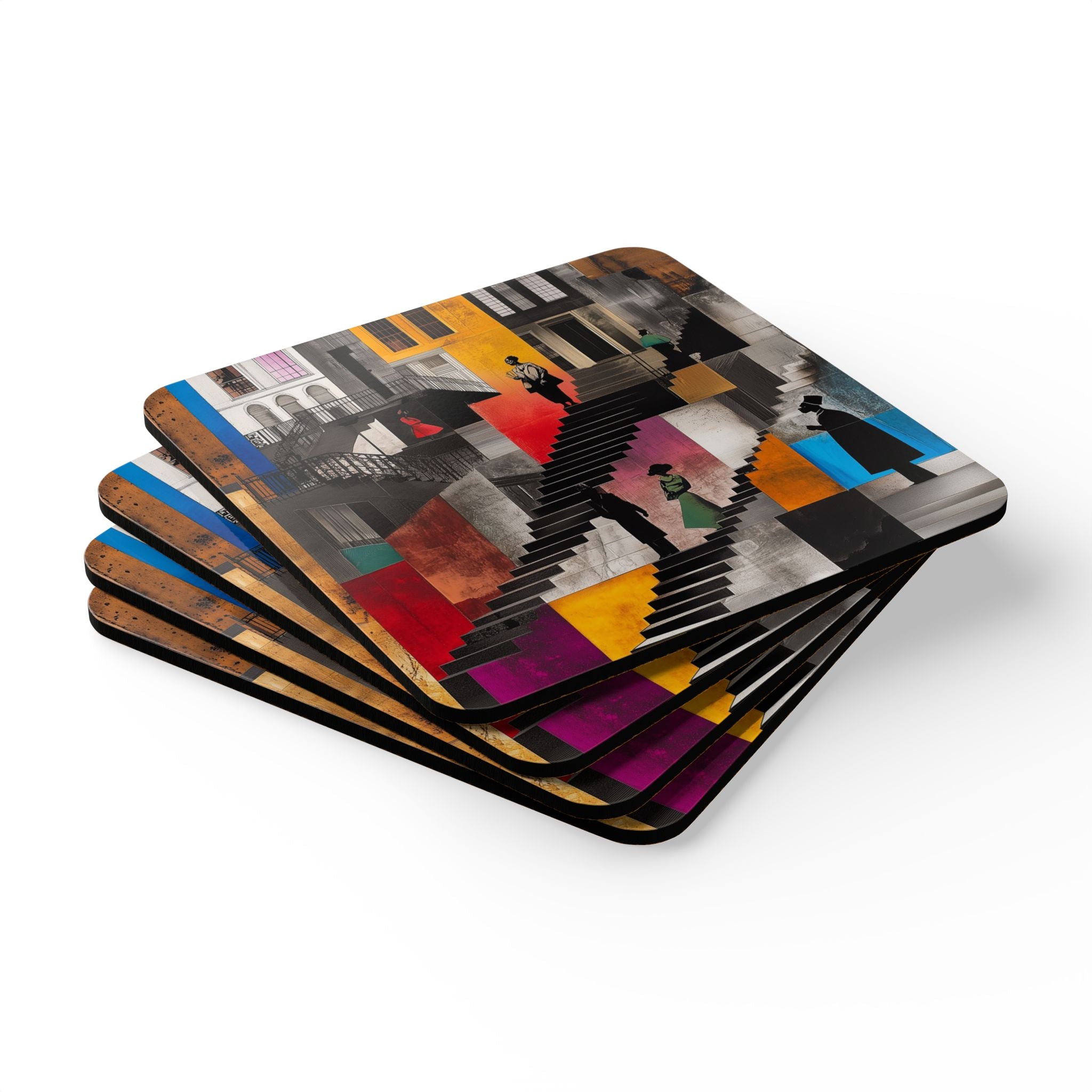 Set of 4 Harlem Neighborhood Drink Coasters featuring abstract illustrations of Harlem brownstones, Afrocentric barware accessory for home decor