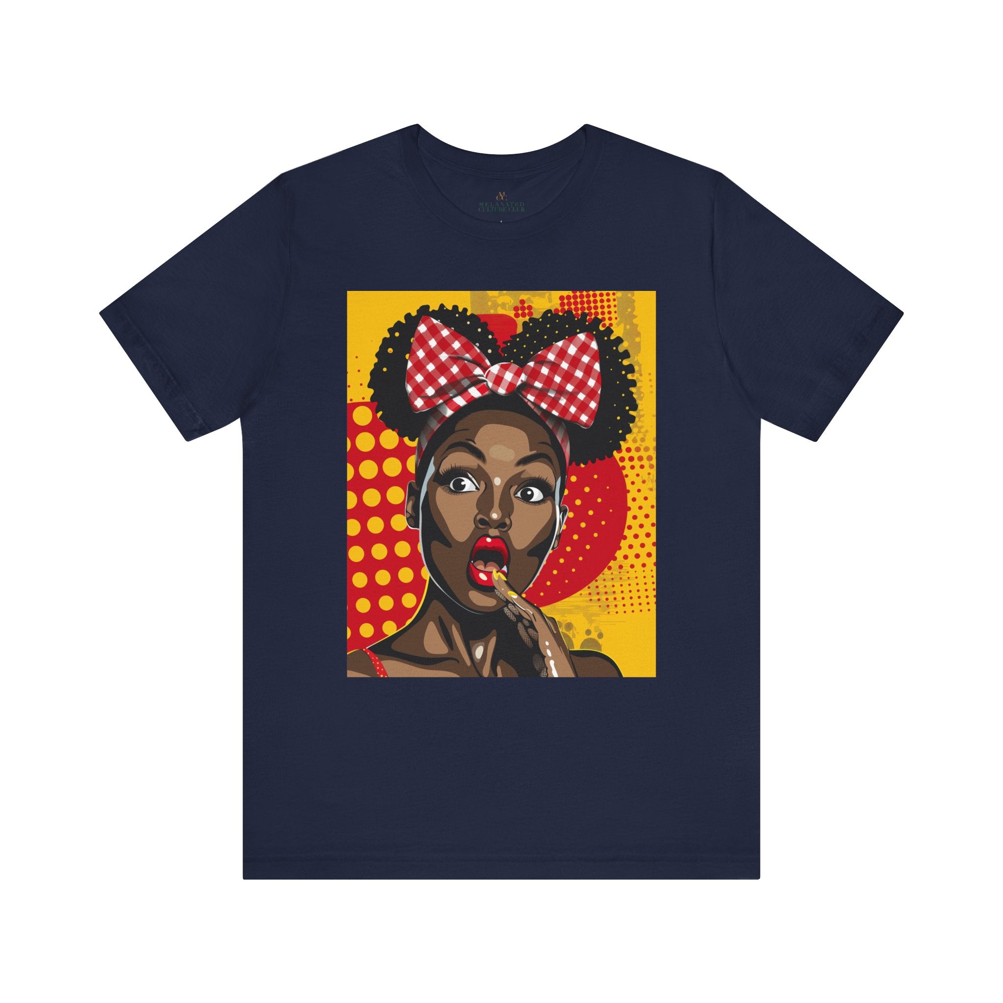 Black Girl Shocked Look Tee Shirt featuring a cartoon-style pop art illustration of a Black woman with natural hair and a red polka-dotted hair bow. Afrocentric graphic tee celebrating Black Girl Magic and expressive streetwear style.